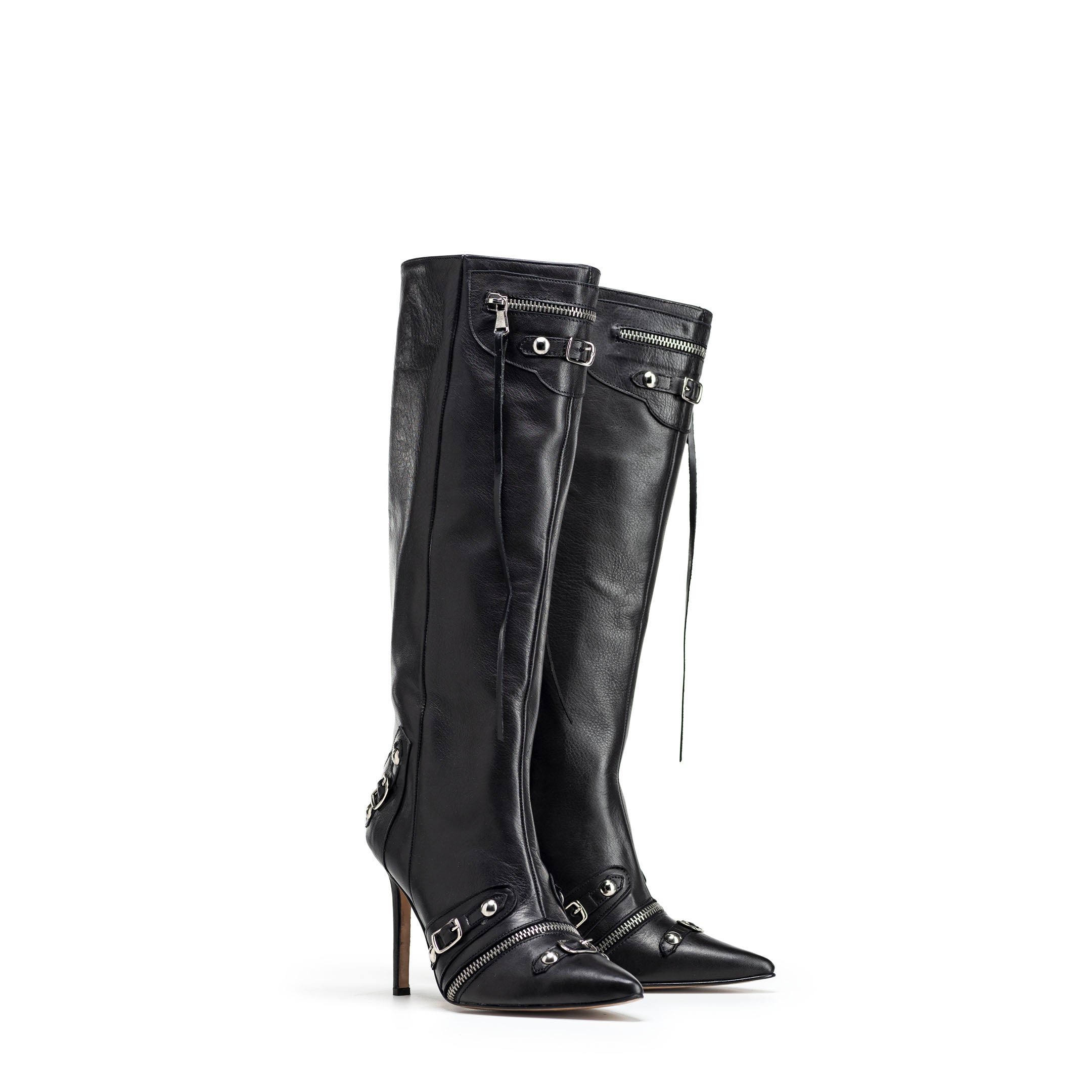 ACAPULCO_ROCK_TOP - Black Genuine Leather Zip Up Boot with 10cm Heel