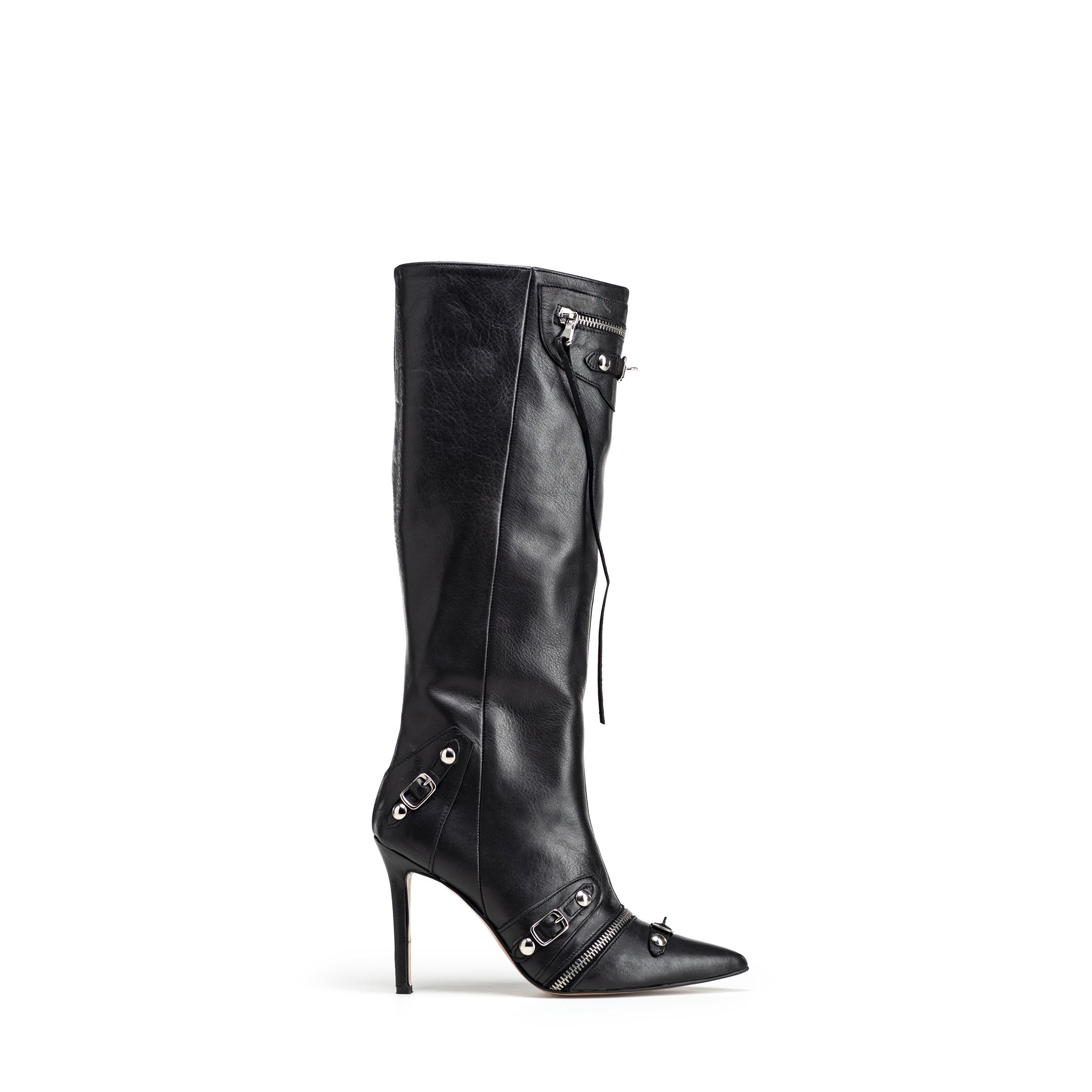 ACAPULCO_ROCK_TOP - Black Genuine Leather Zip Up Boot with 10cm Heel