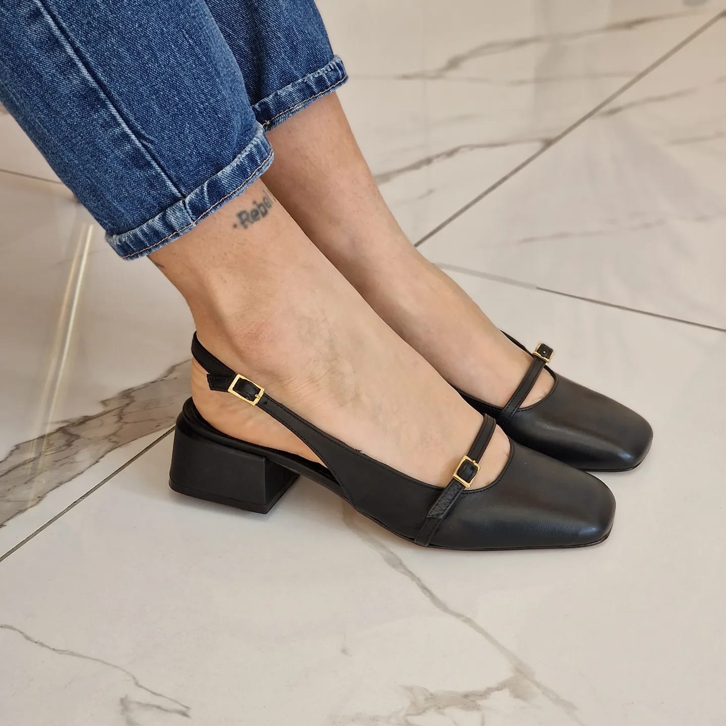 ANASTASYA - Black Leather Slingback Pump with Instep Strap and Square Toe