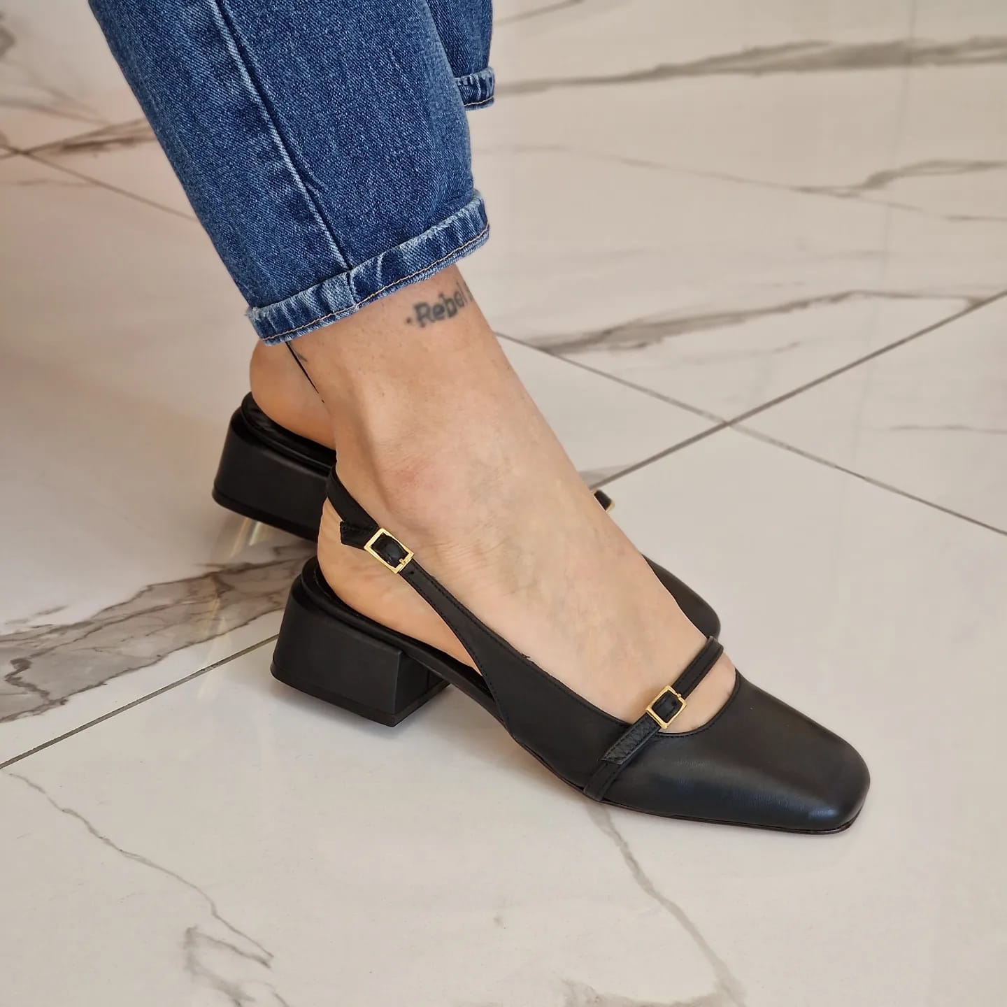 ANASTASYA - Black Leather Slingback Pump with Instep Strap and Square Toe