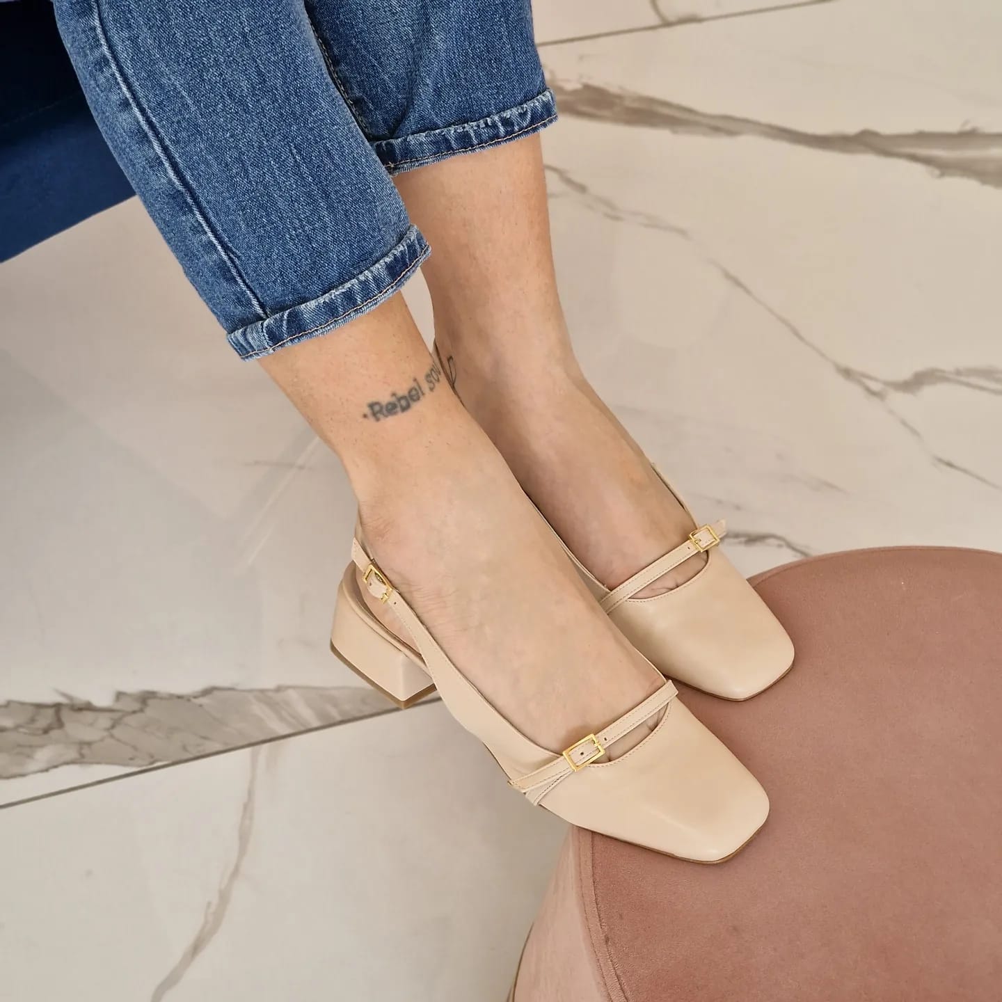 ANASTASYA - Nude Leather Slingback Pump with Instep Strap and Square Toe