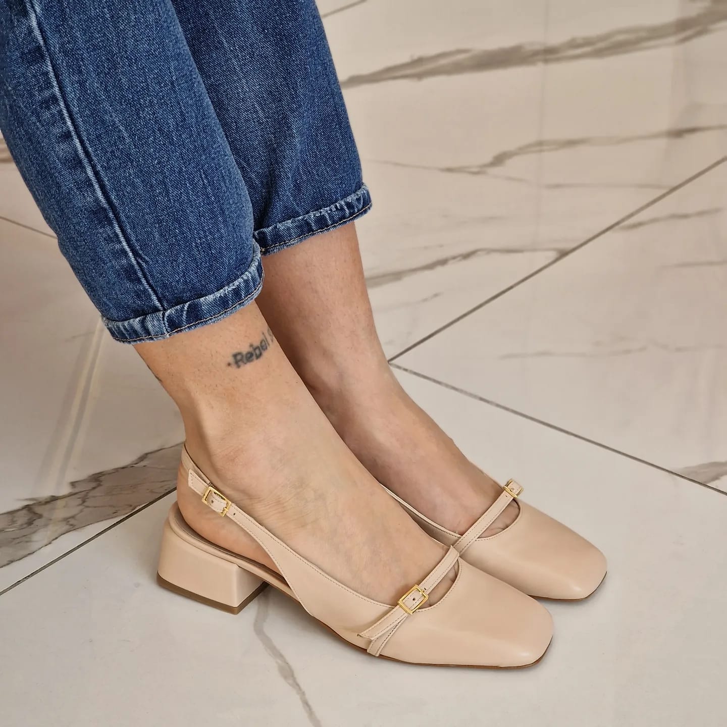 ANASTASYA - Nude Leather Slingback Pump with Instep Strap and Square Toe