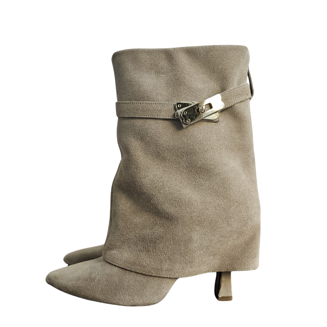 AUDI_722 - Beige Genuine Suede Ankle Boot with Accessory and 9cm Flared Heel