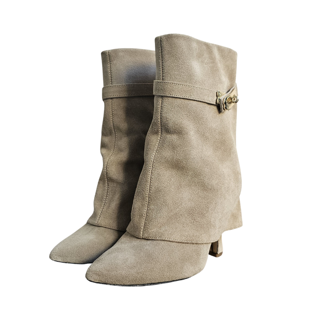 AUDI_722 - Beige Genuine Suede Ankle Boot with Accessory and 9cm Flared Heel