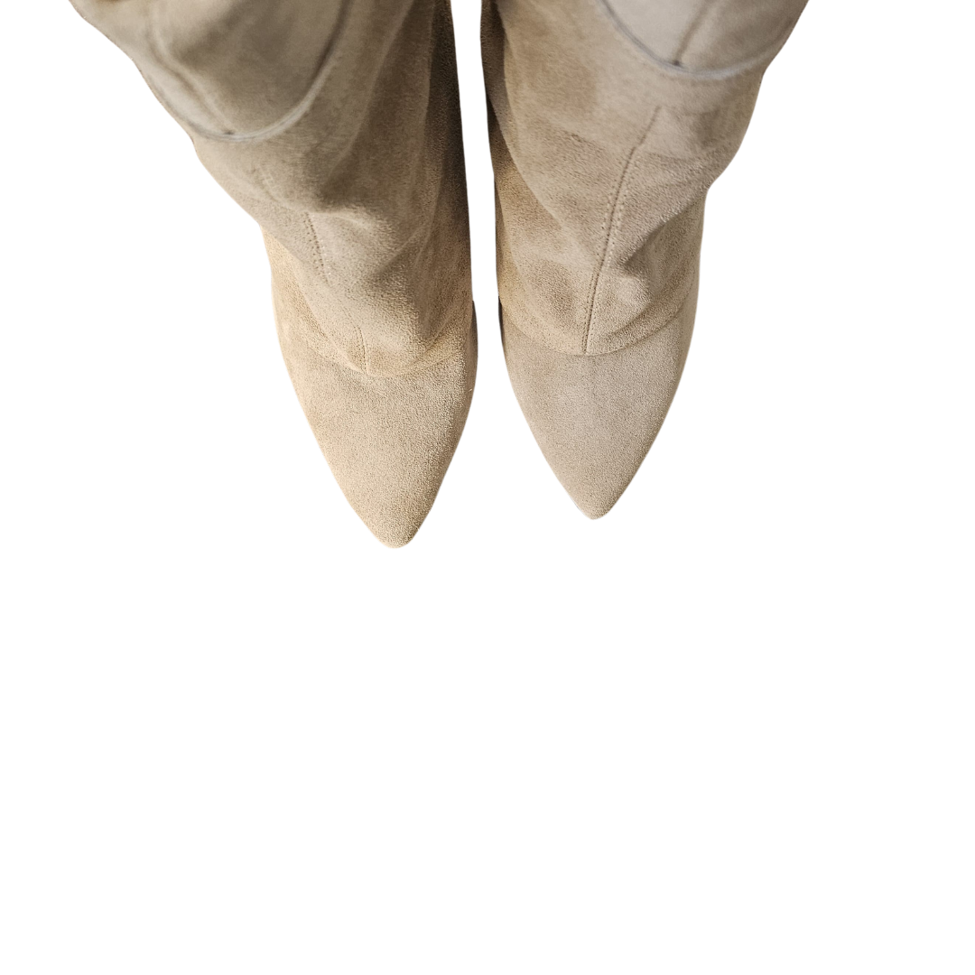 AUDI_722 - Beige Genuine Suede Ankle Boot with Accessory and 9cm Flared Heel