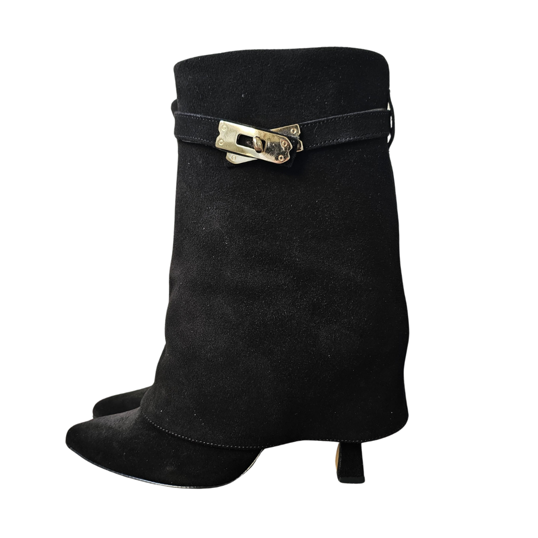 AUDI_722 - Black Genuine Suede Ankle Boot with Accessory and 9cm Flared Heel