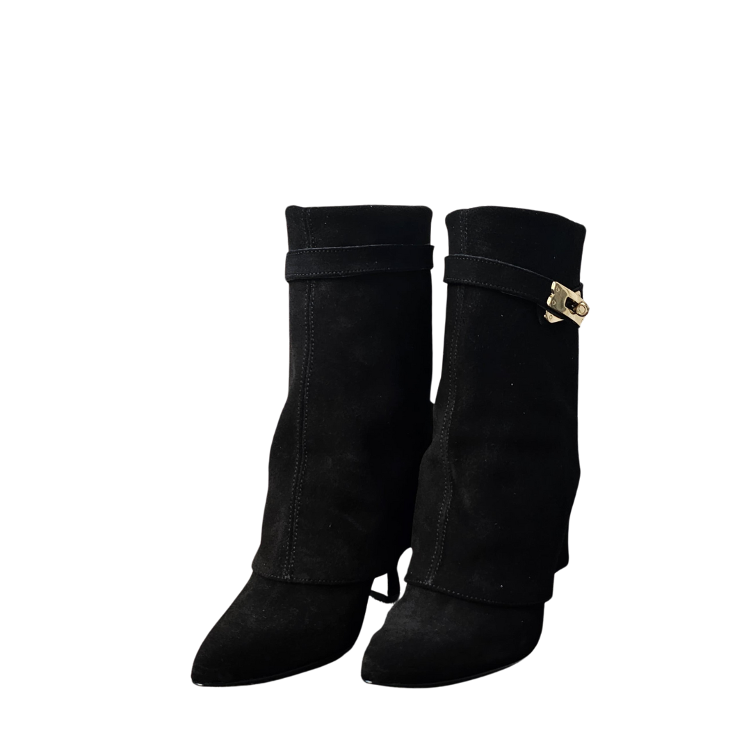 AUDI_722 - Black Genuine Suede Ankle Boot with Accessory and 9cm Flared Heel