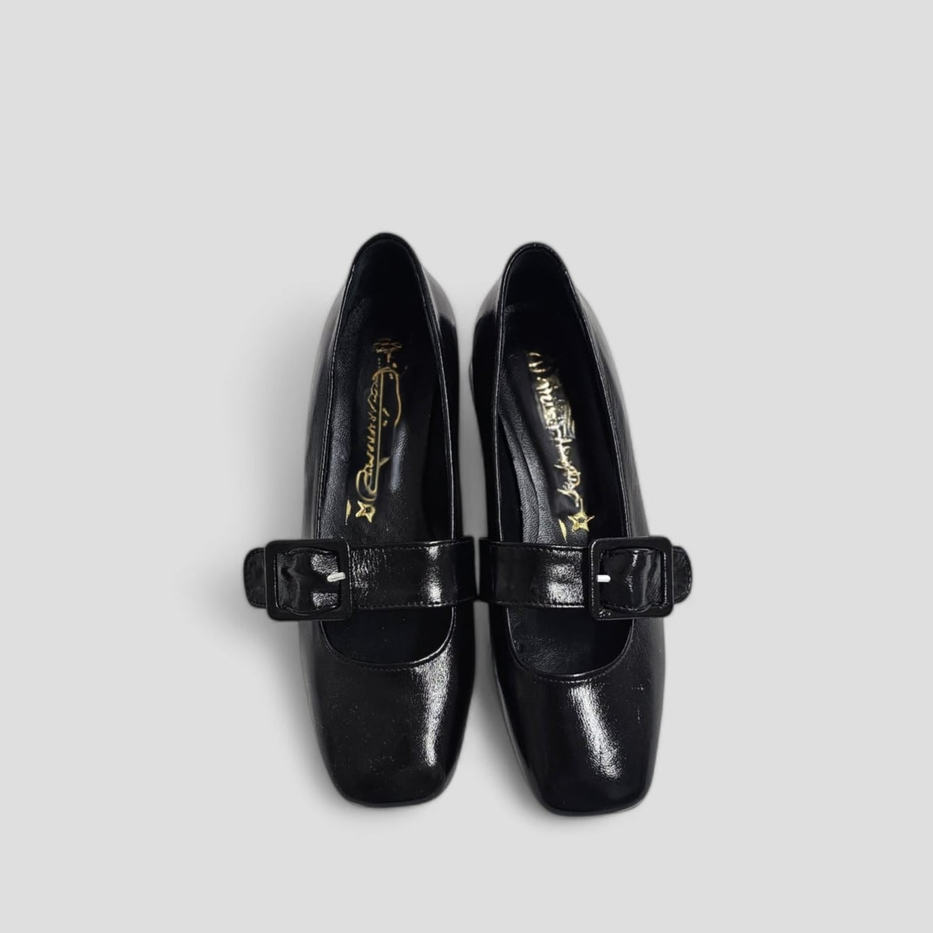 BALLET_BUCKLE - Black Patent Leather Pumps with Square Toe and Buckle