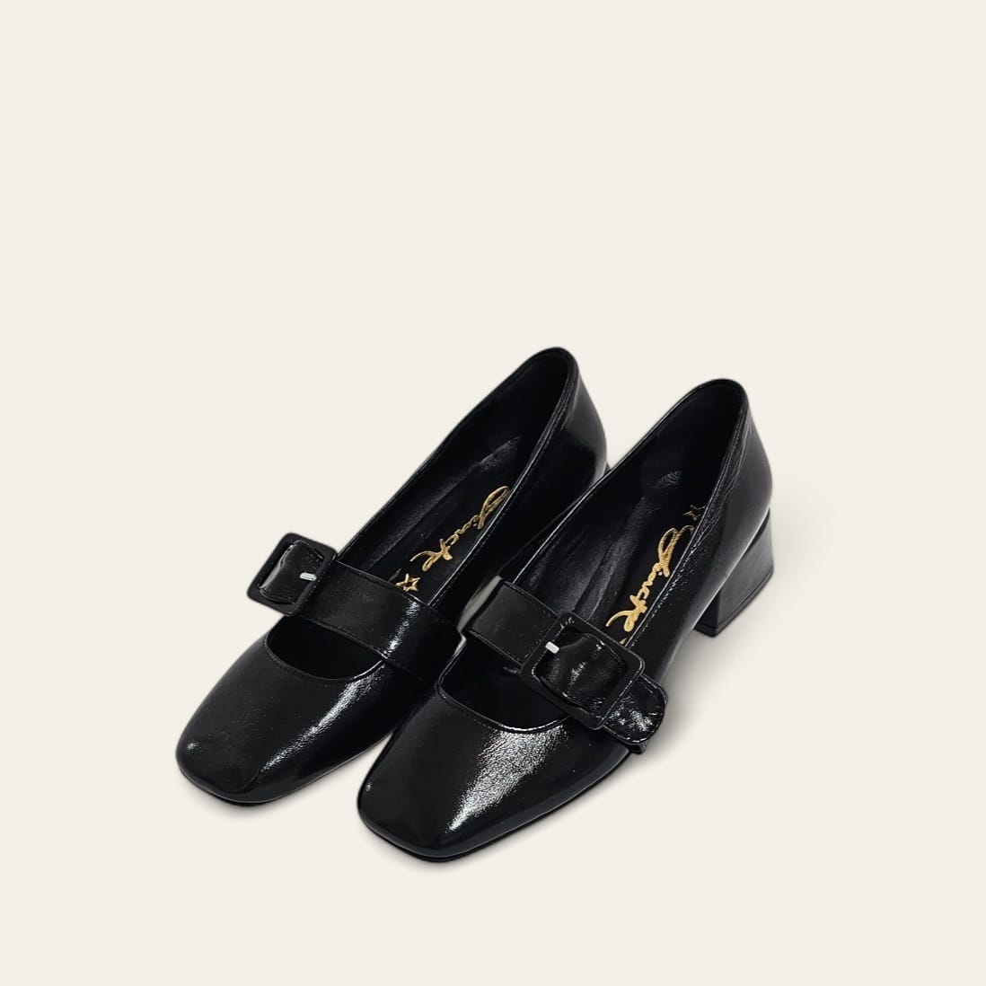 BALLET_BUCKLE - Black Patent Leather Pumps with Square Toe and Buckle