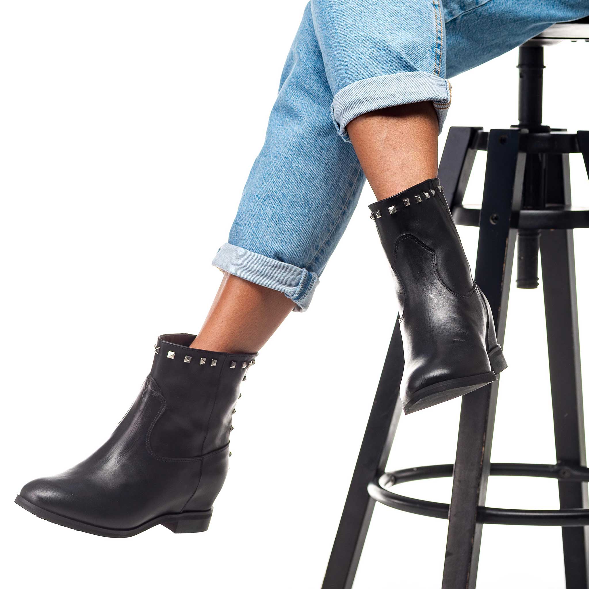 CHOO LOW - Genuine Leather Tubular Ankle Boot with Nickel Studs and Internal Raising