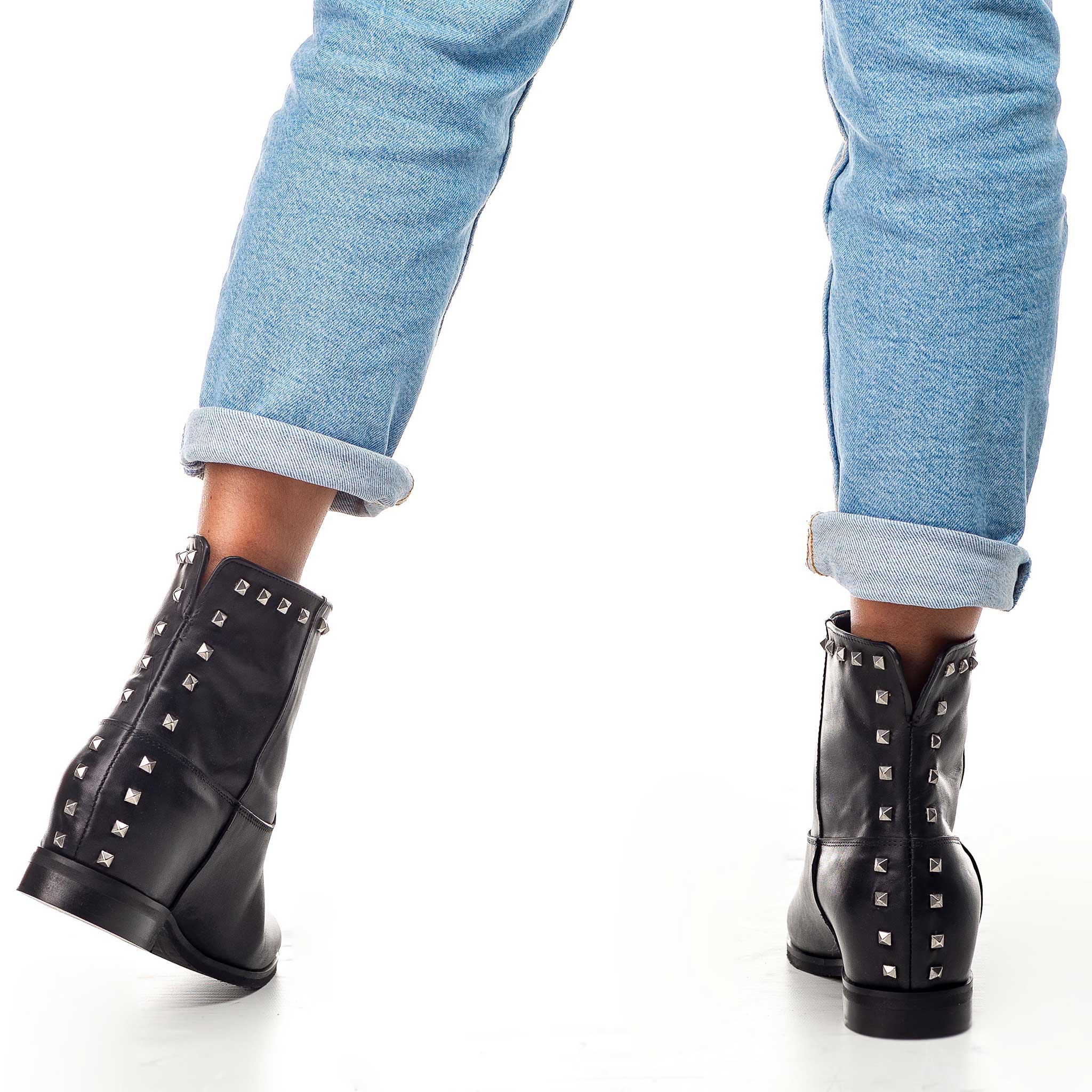 CHOO LOW - Genuine Leather Tubular Ankle Boot with Nickel Studs and Internal Raising