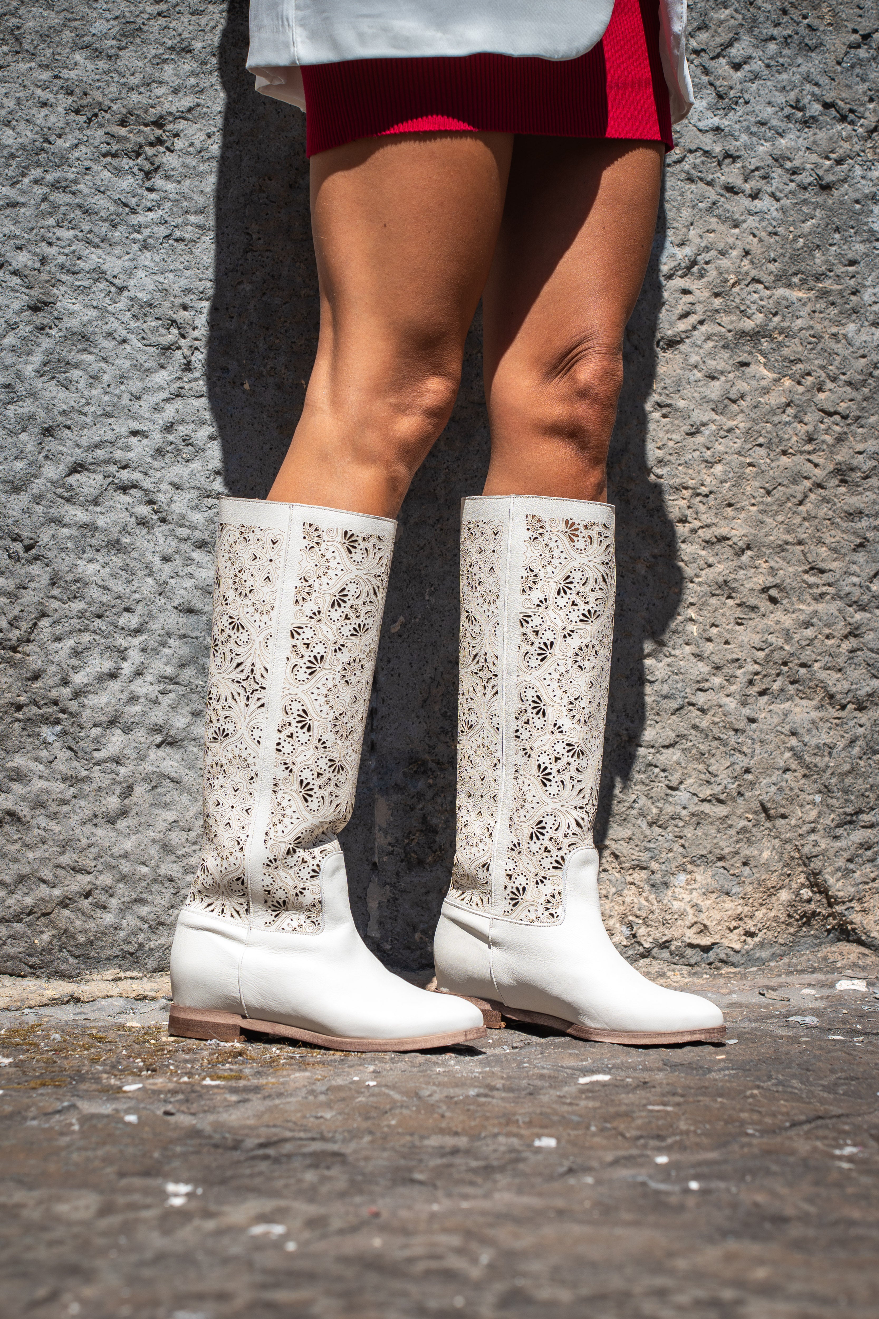 CHOO TOP LASER - Tubular Boot in Genuine Lasered Leather with Internal Lift