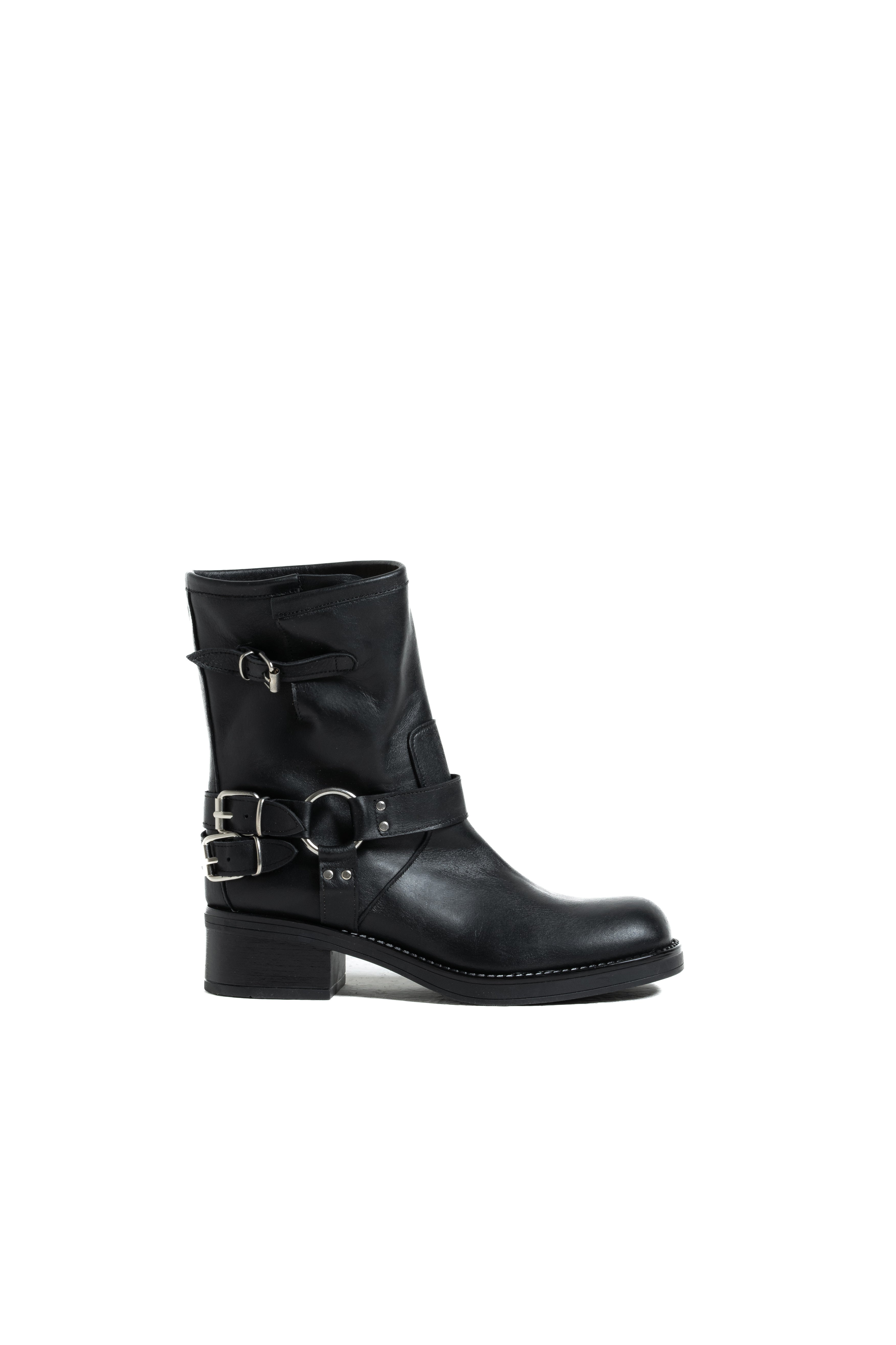 DAKOTA - Stivaletto tubolare mood Biker Anfibio in Pelle Nera con Fondo in Gomma e Fibbie