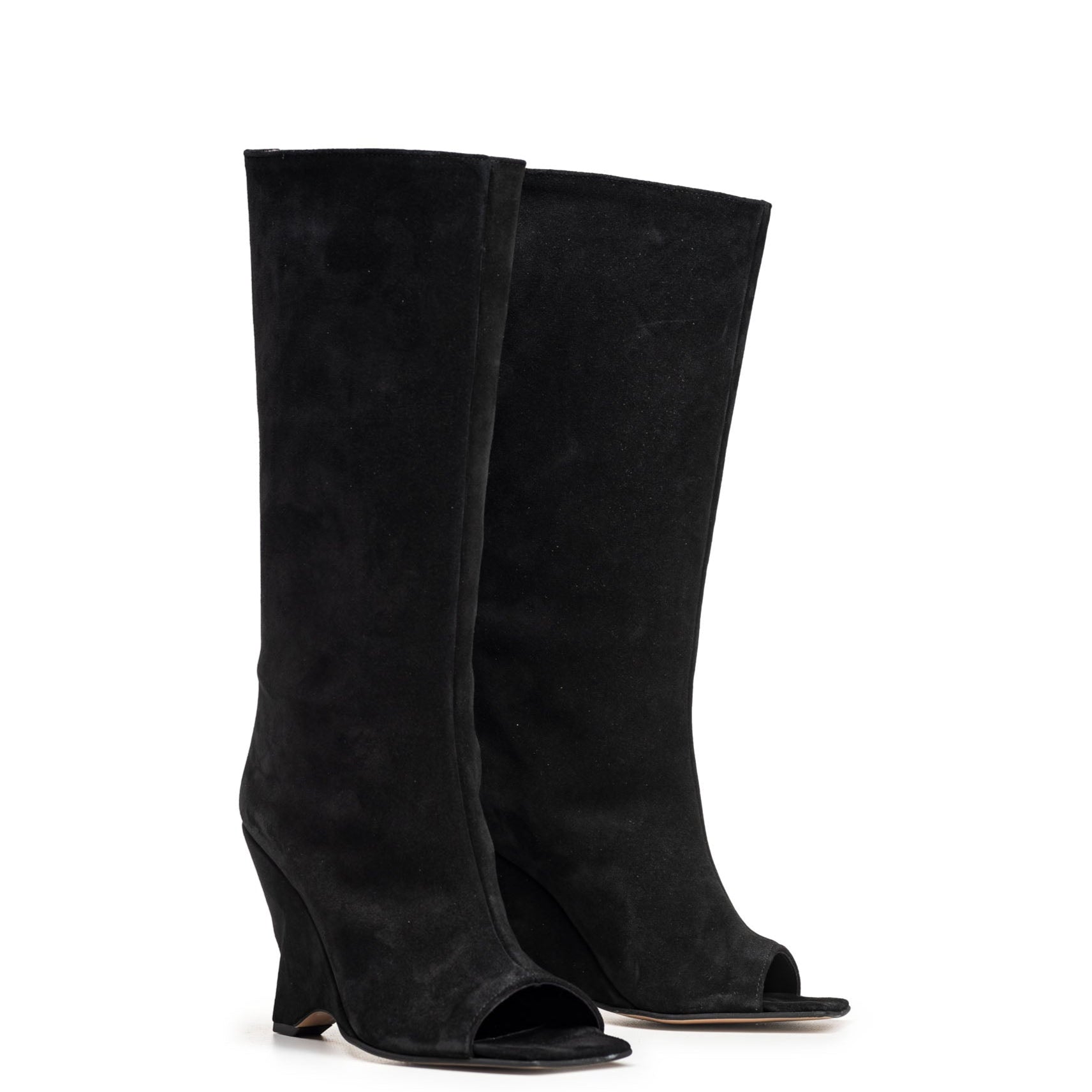 DALIAH_LOW - Black genuine suede open toe ankle boot with asymmetric wedge