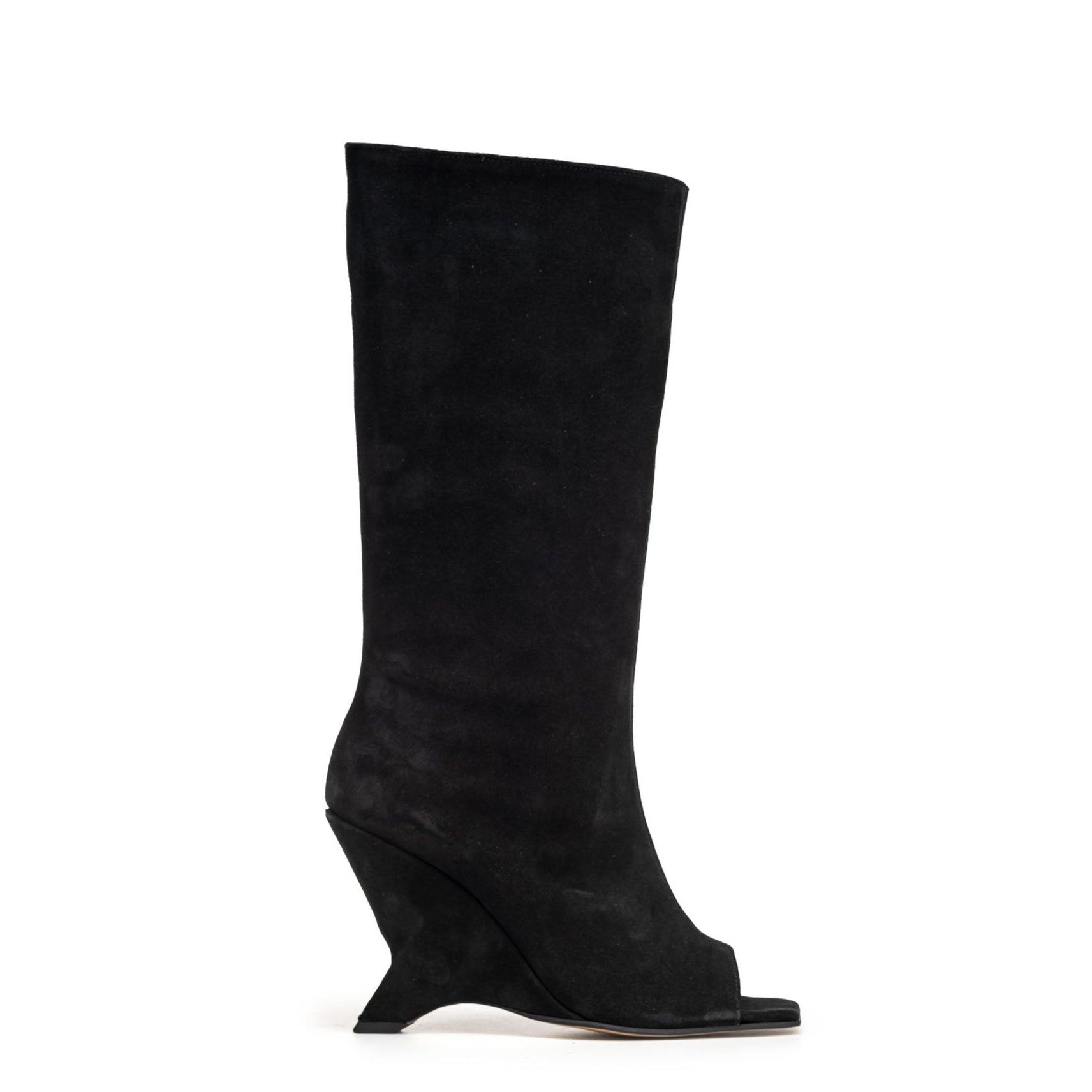 DALIAH_LOW - Black genuine suede open toe ankle boot with asymmetric wedge