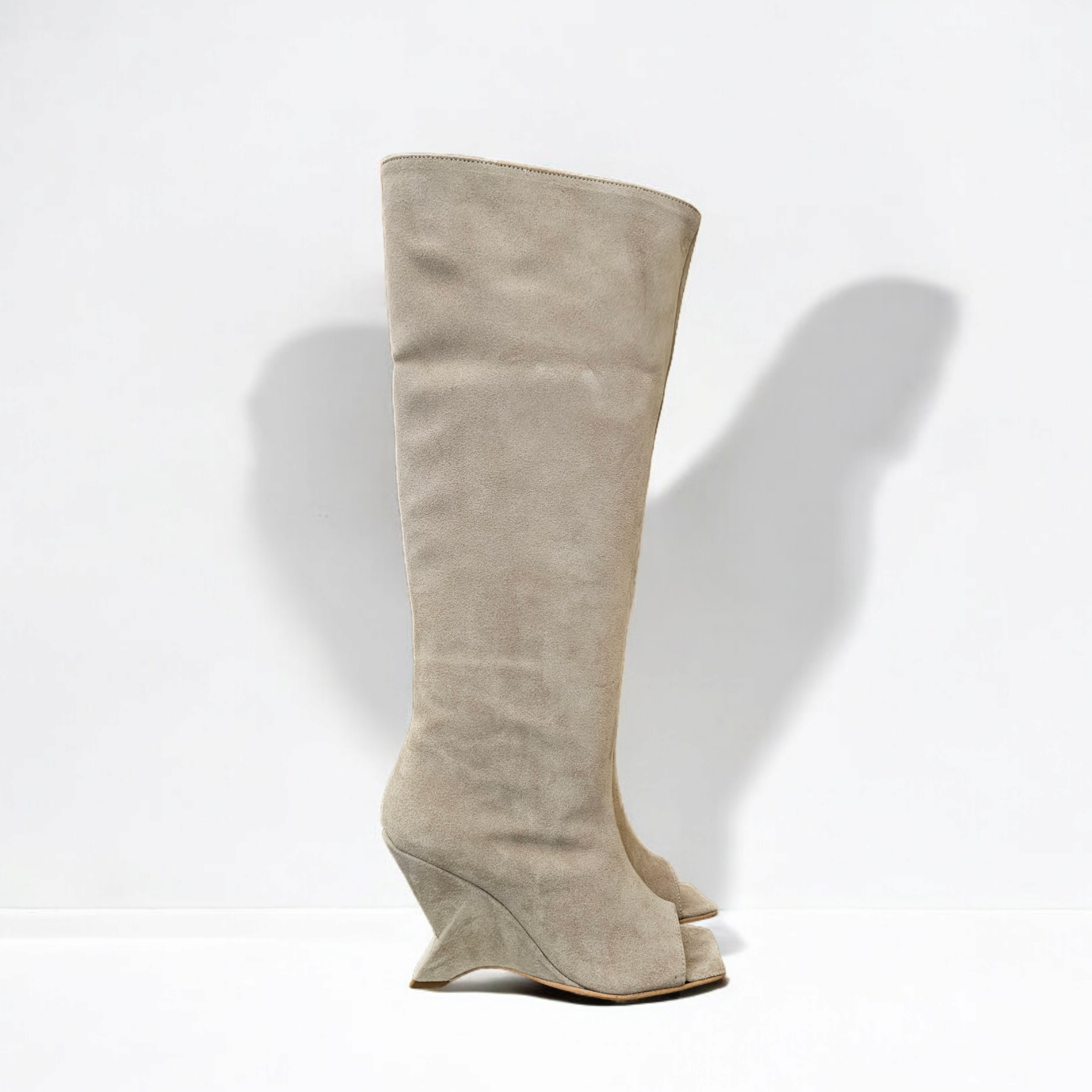 DALIAH_MID - Peep toe boot in genuine beige suede with asymmetric wedge