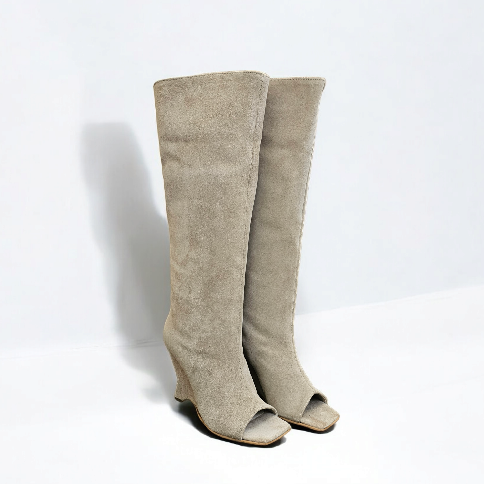 DALIAH_MID - Peep toe boot in genuine beige suede with asymmetric wedge