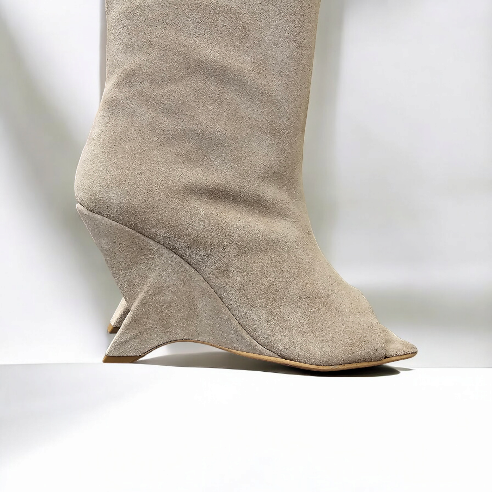 DALIAH_MID - Peep toe boot in genuine beige suede with asymmetric wedge