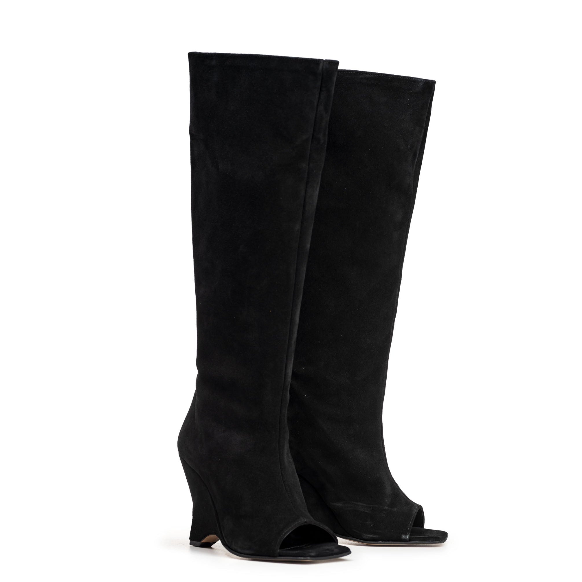 DALIAH_MID - Black genuine suede peep toe boot with asymmetric wedge