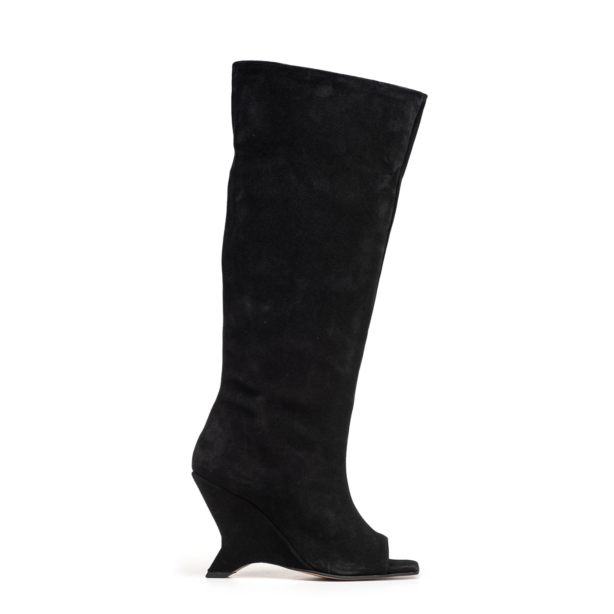 DALIAH_MID - Black genuine suede peep toe boot with asymmetric wedge