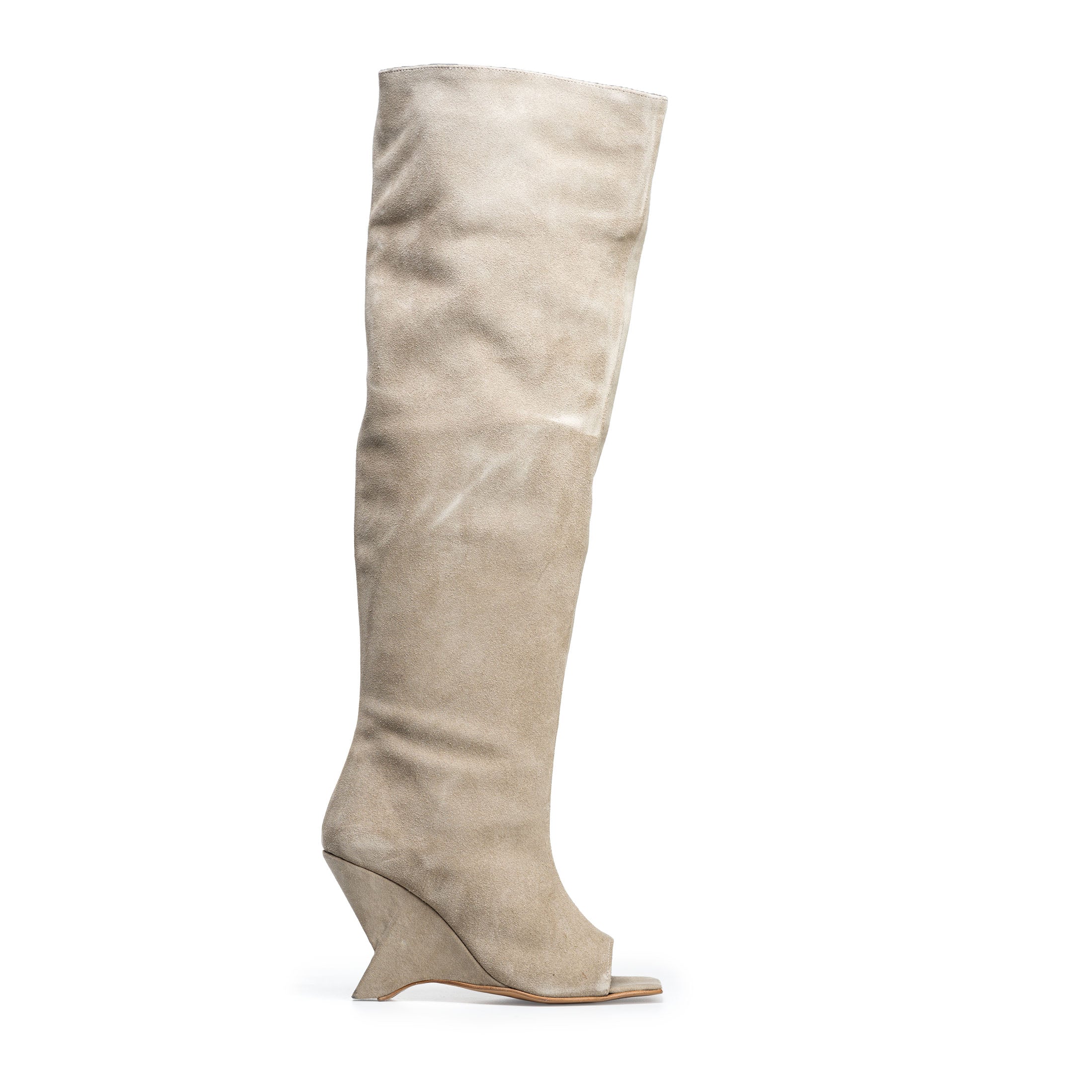 DALIAH_TOP - Peep toe boot in real sand suede with asymmetric wedge