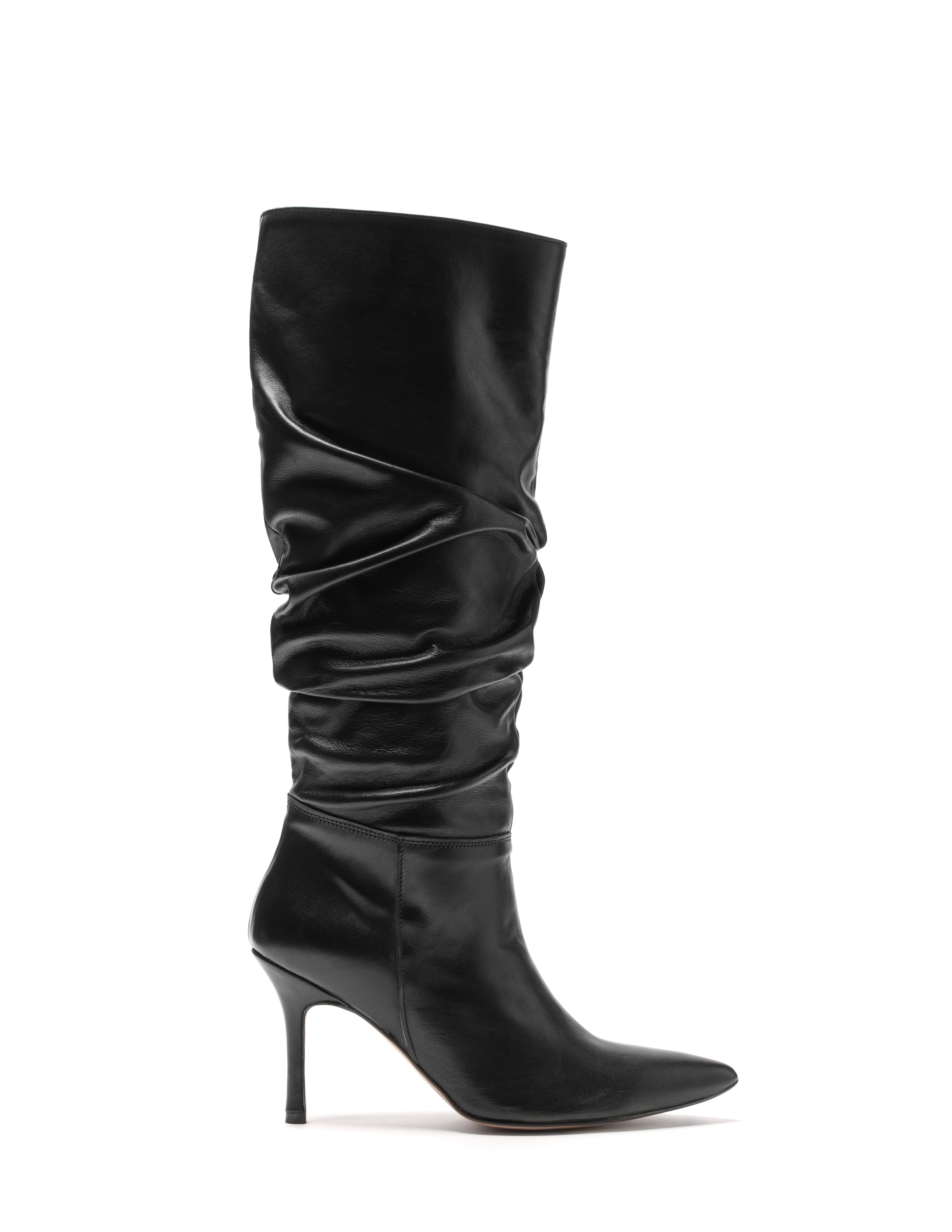 CURLY 100 - Draped effect boot in black genuine leather with 9 cm stiletto heel