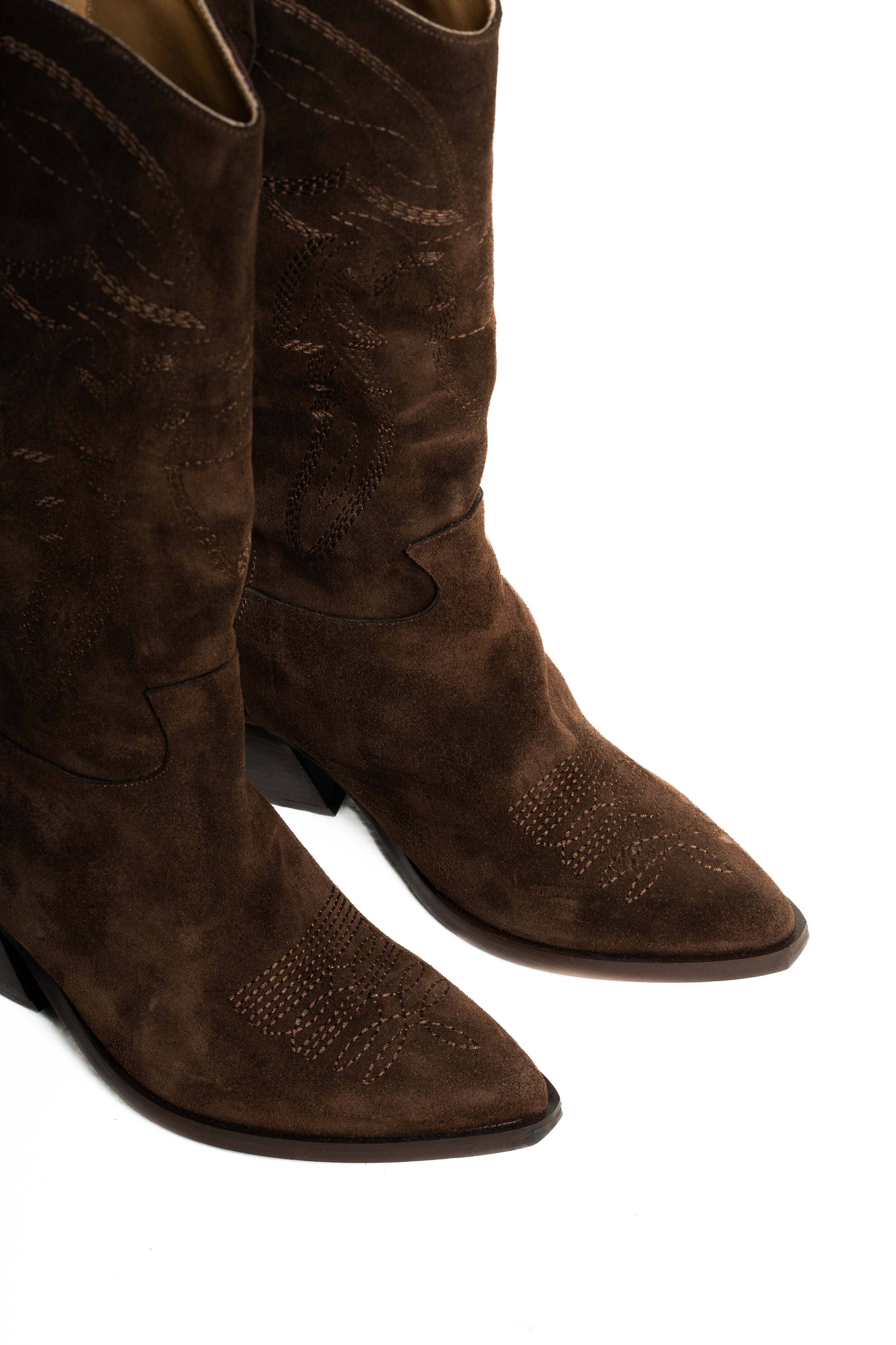 TEX 70_LOW - Stivale Tubolare Camperos in Vero Camoscio Testa di Moro con Ricami