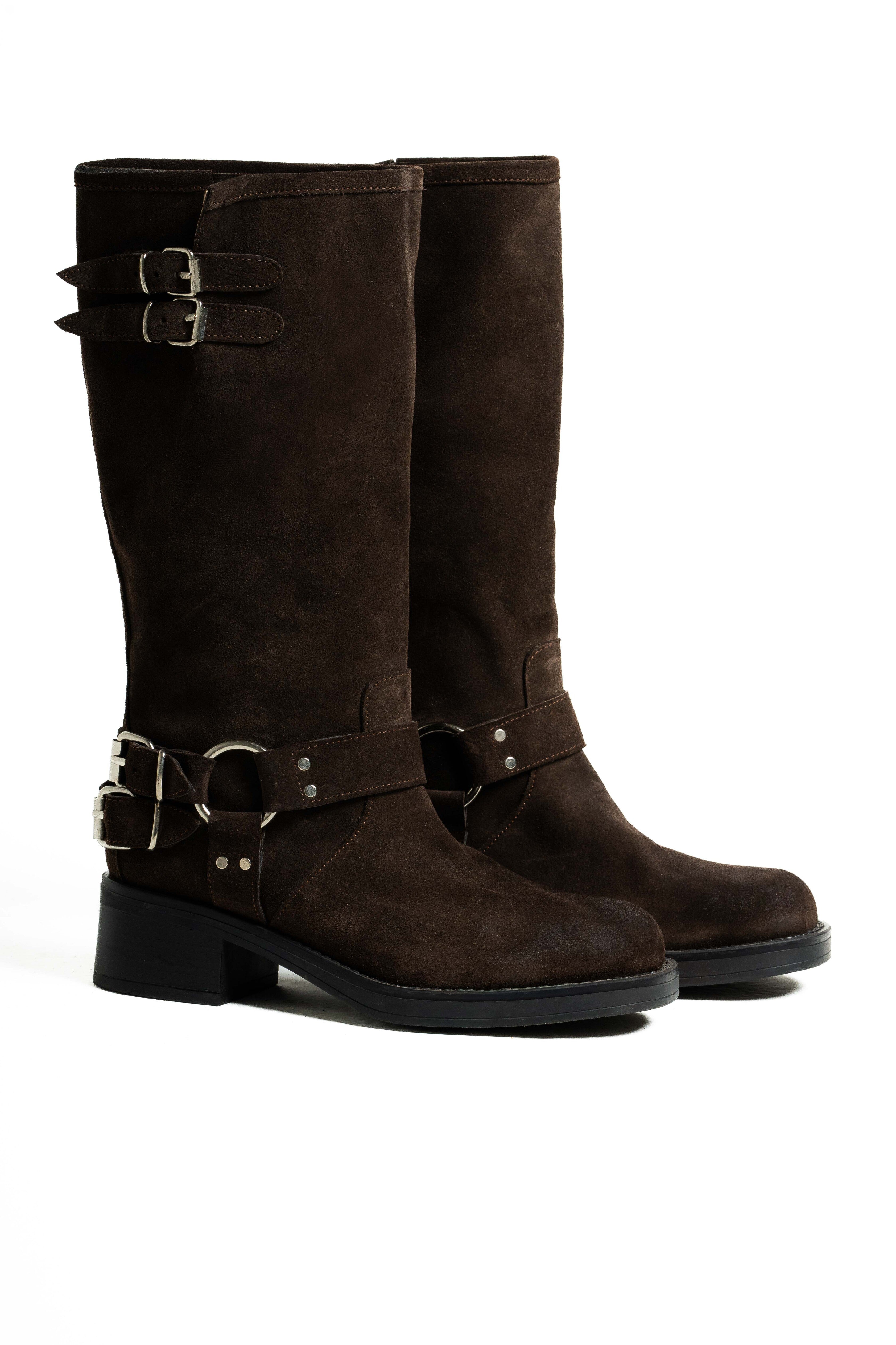 NEVADA - Stivale tubolare mood Biker Anfibio in Vero Camoscio Testa di Moro con Fondo in Gomma e Fibbie