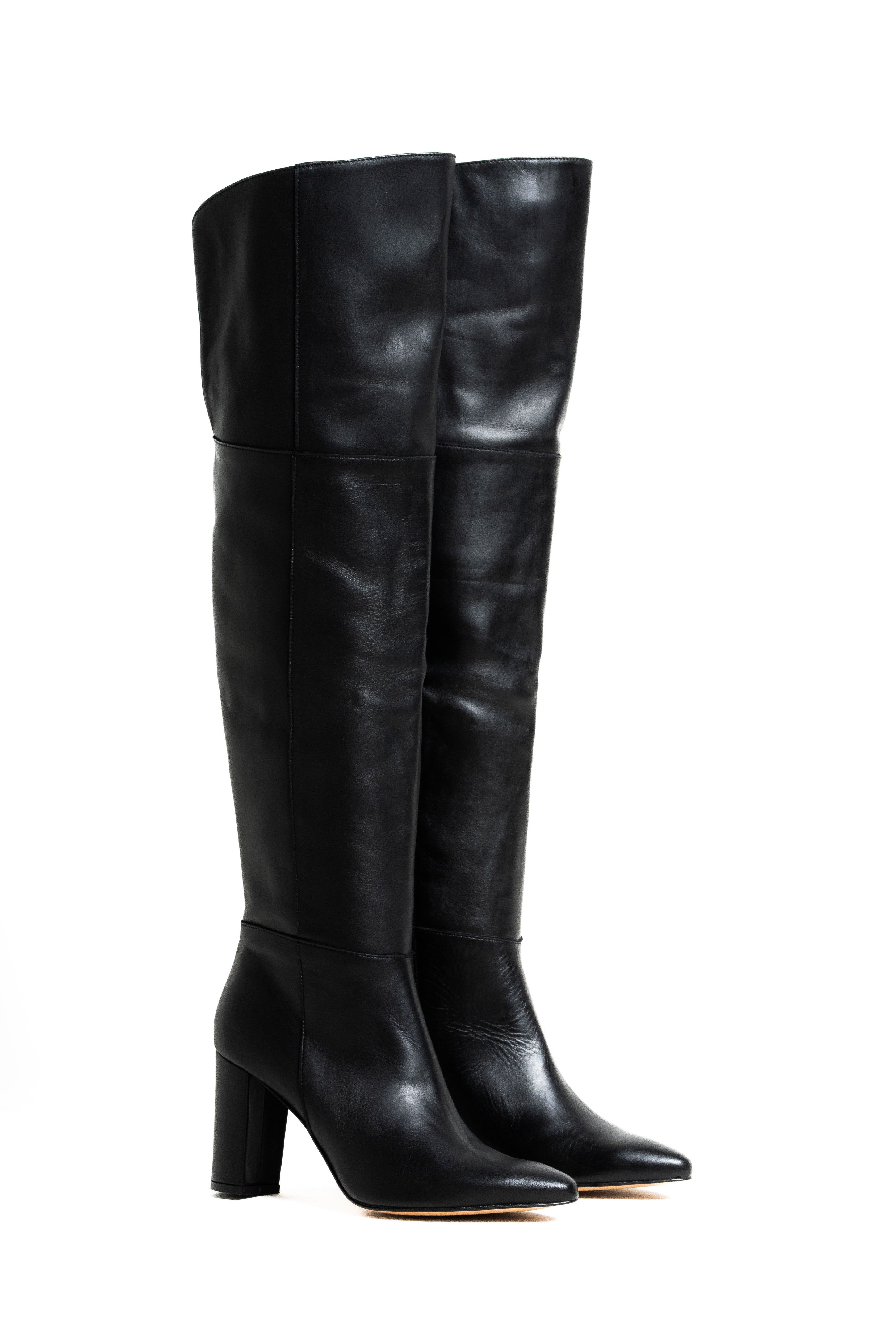 CELYNE 10 - Stivali Cuissardes "Midnight" in Pelle Nera con Tacco Largo