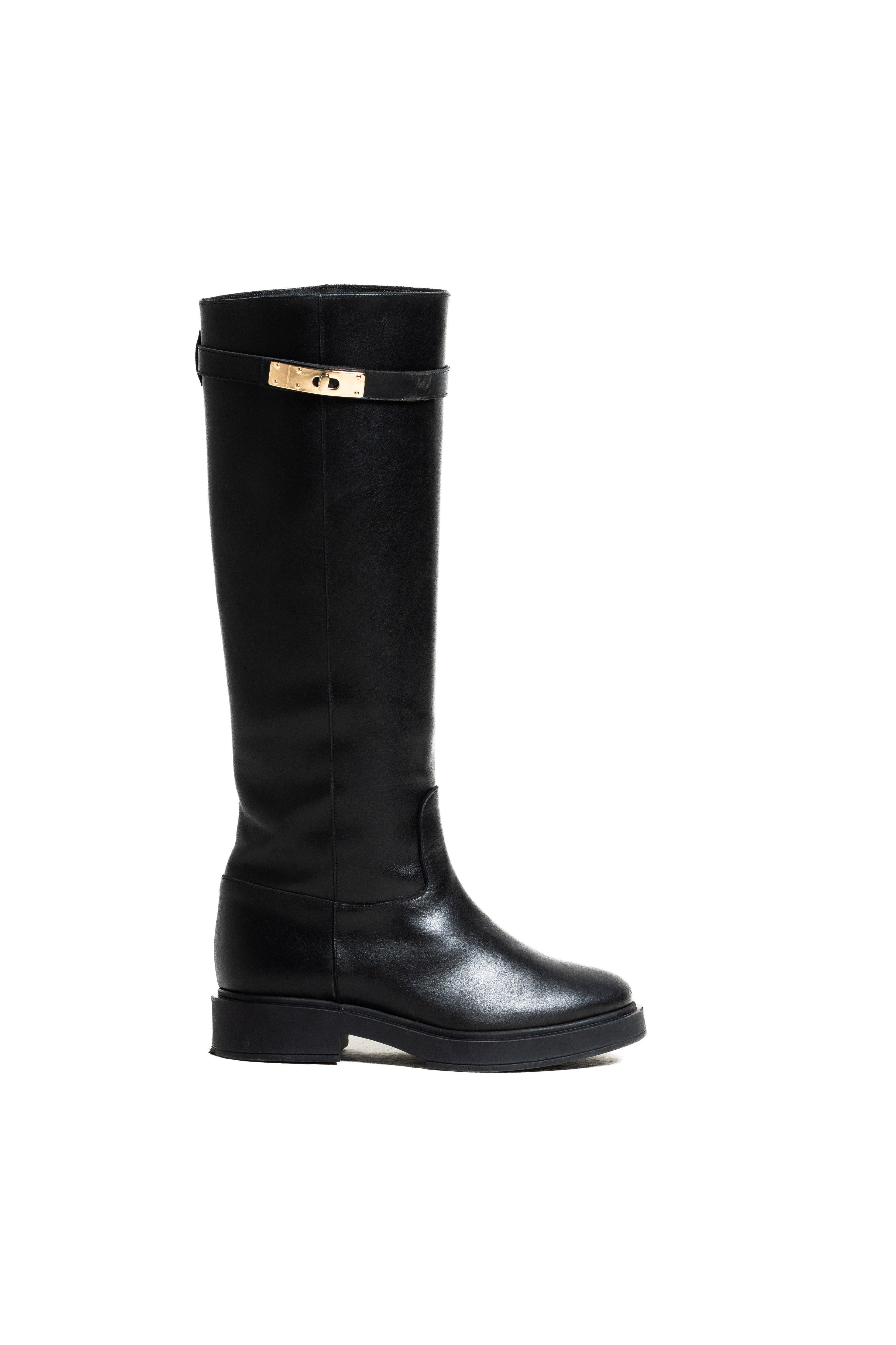 MEDEA - Stivale tubolare in Vera Pelle Nera con cinturino e accessorio dorato - Fondo in Gomma