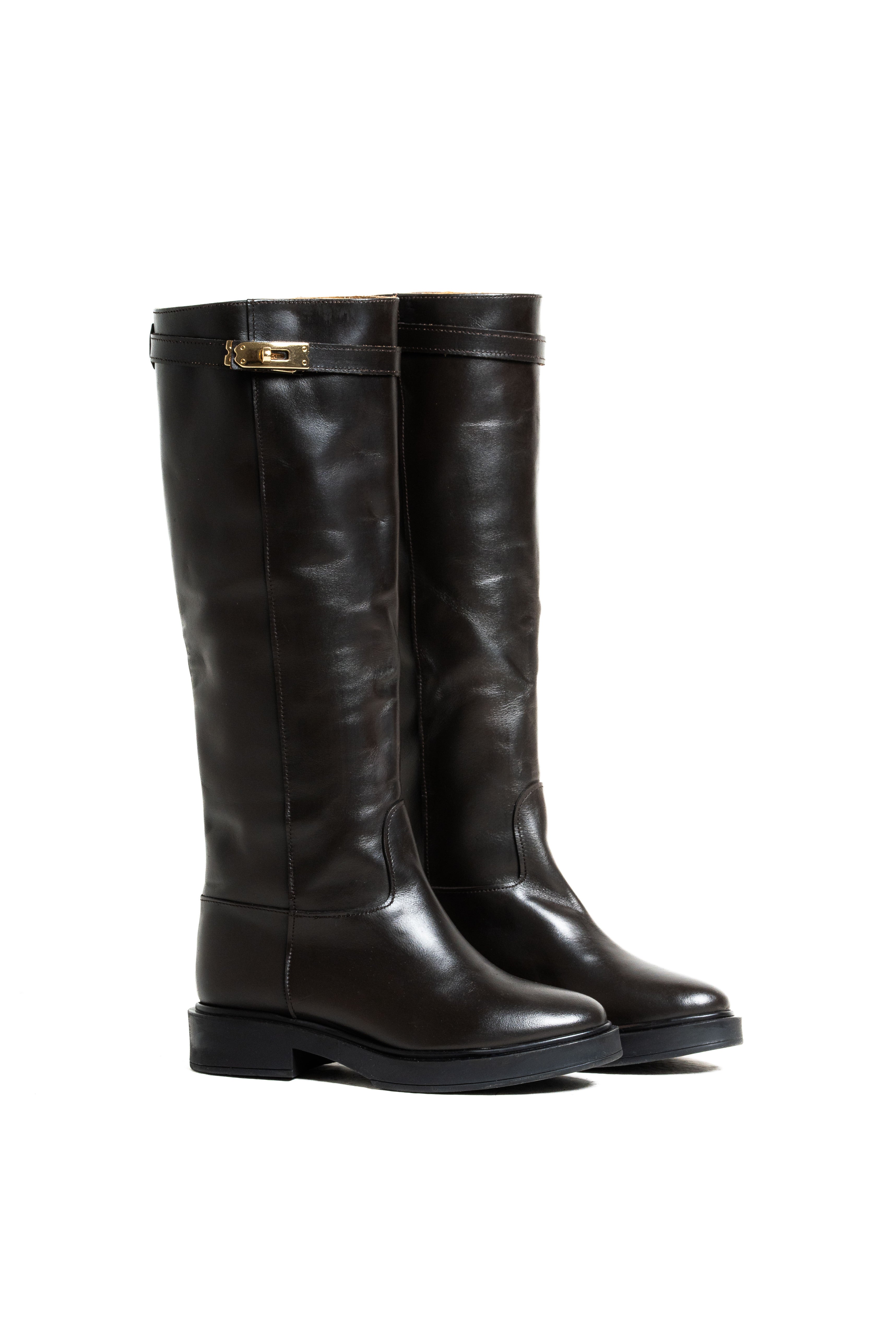 MEDEA - Stivale tubolare in Vera Pelle Testa di Moro con cinturino e accessorio dorato - Fondo in Gomma