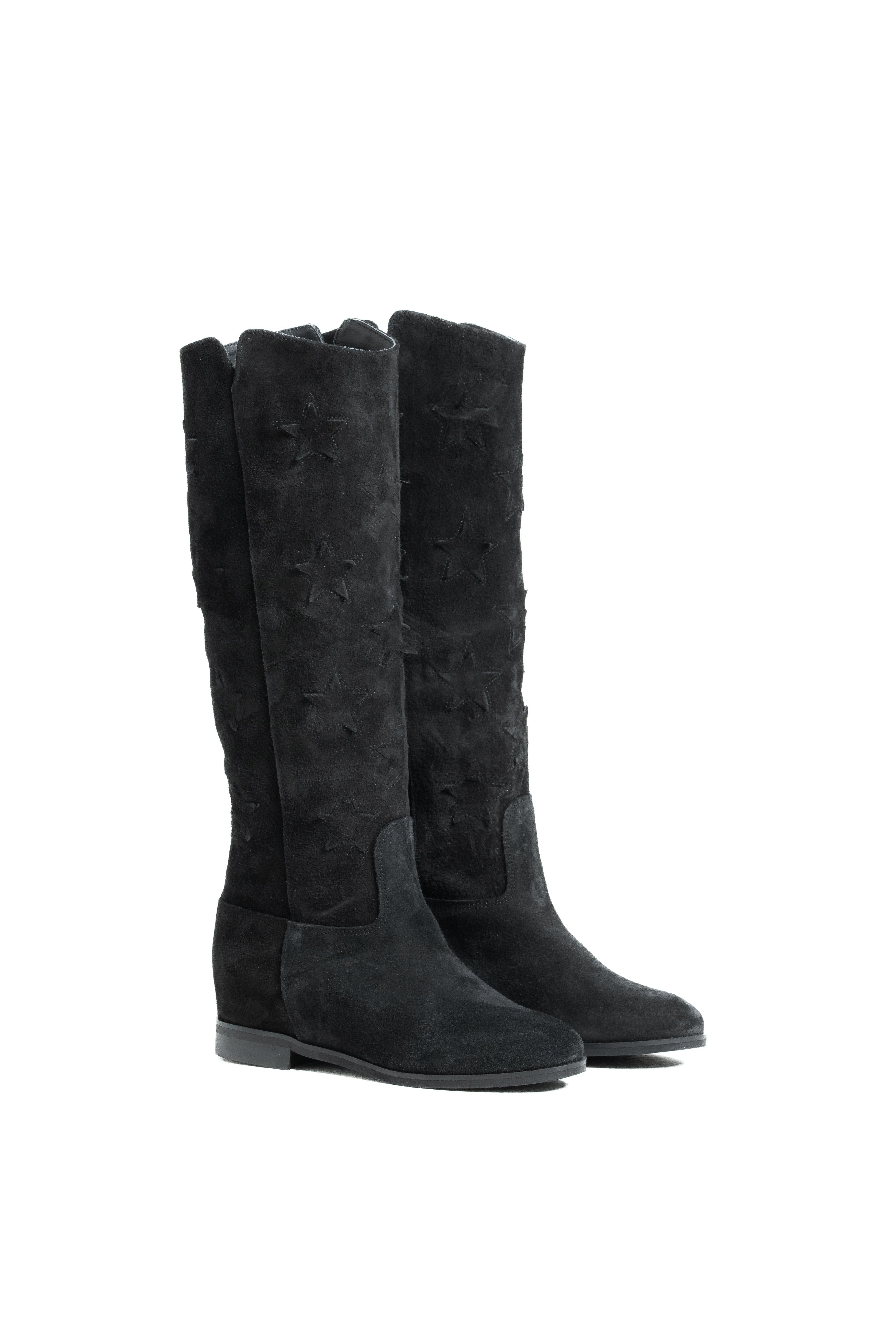 R30 STARS - Stivale tubolare in Camoscio Nero con stelle e rialzo interno