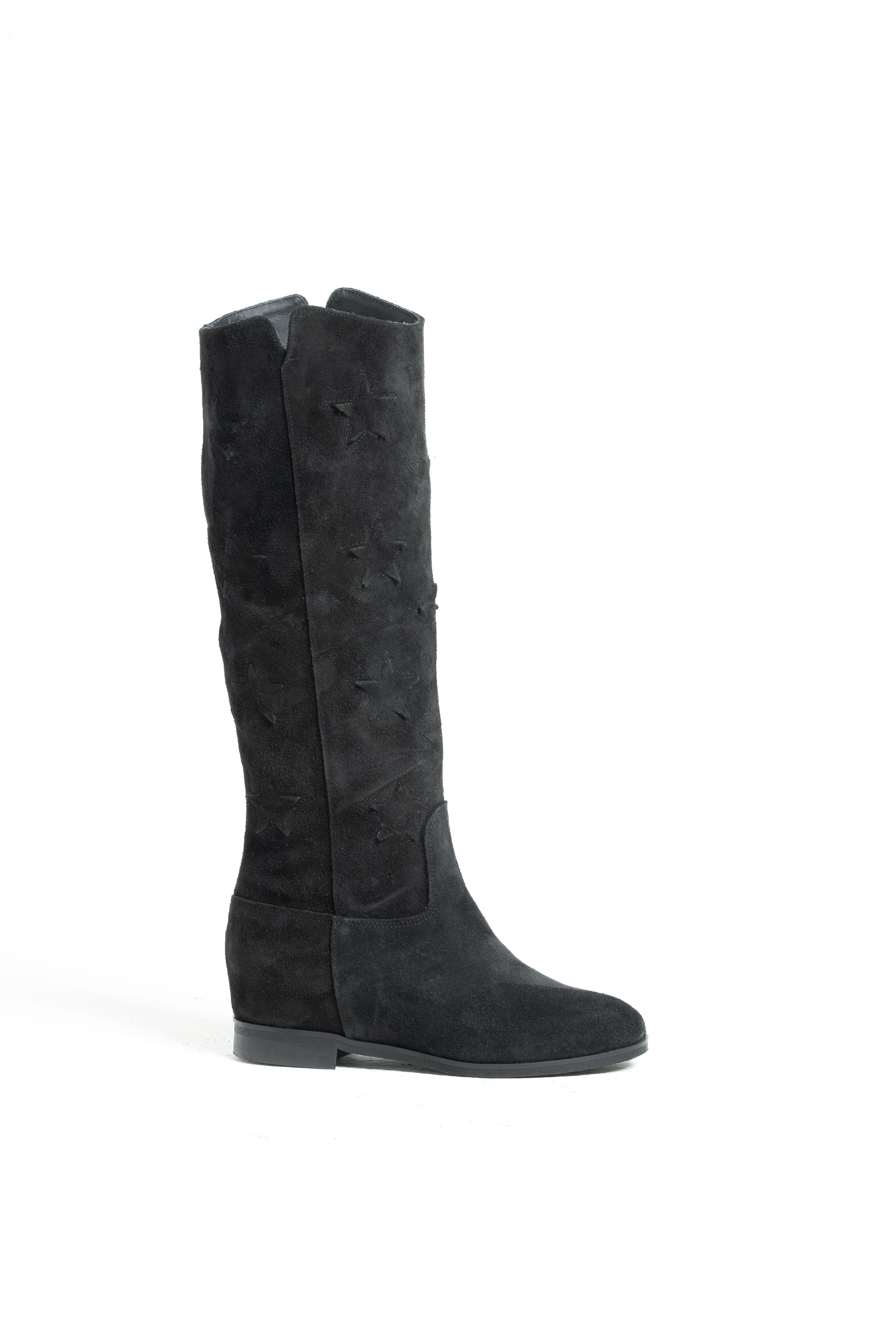 R30 STARS - Stivale tubolare in Camoscio Nero con stelle e rialzo interno