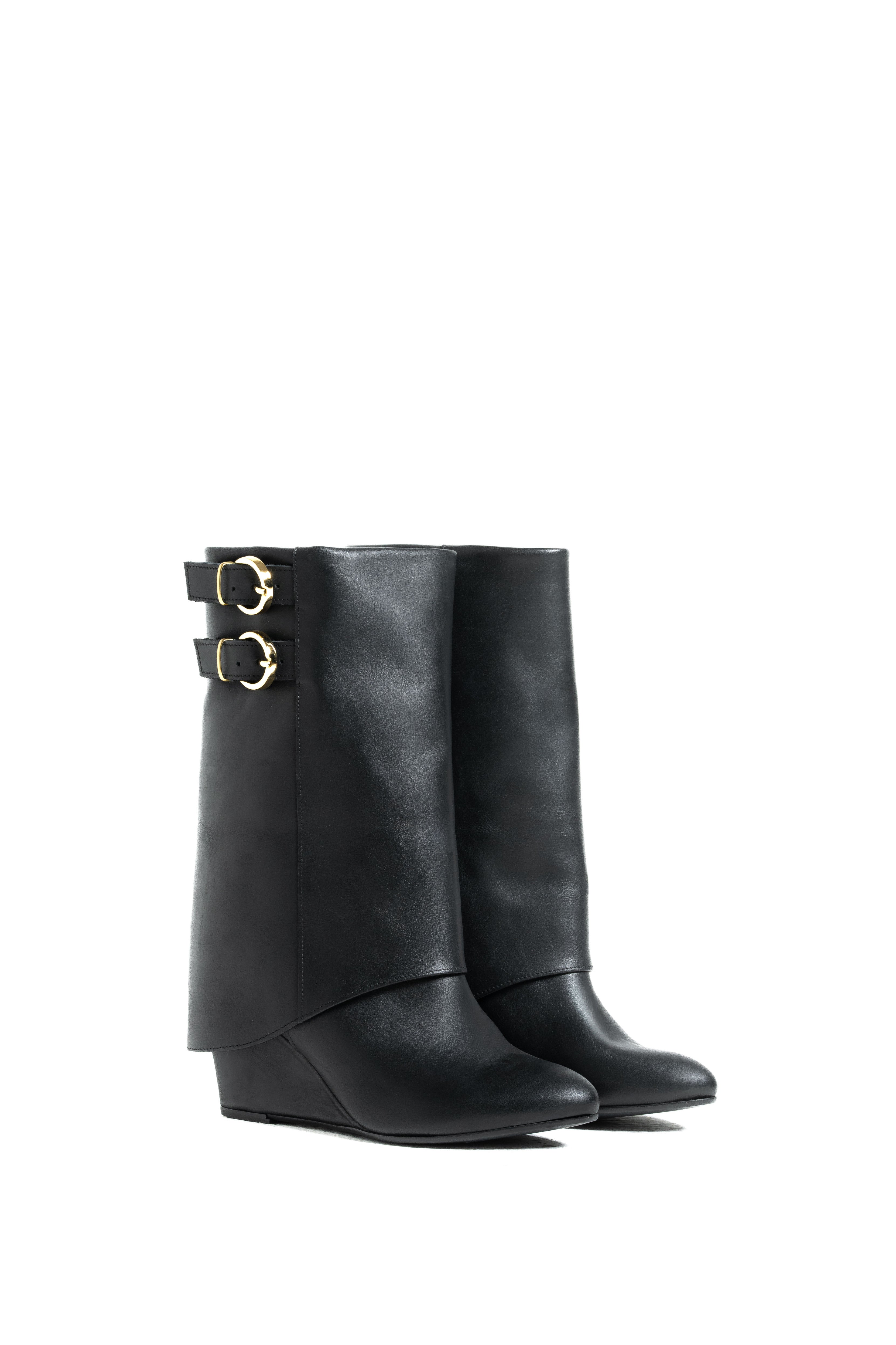 HÉLÈNE_BELT - Botín tubular en piel auténtica con hebillas y tacón/cuña de 7 cm