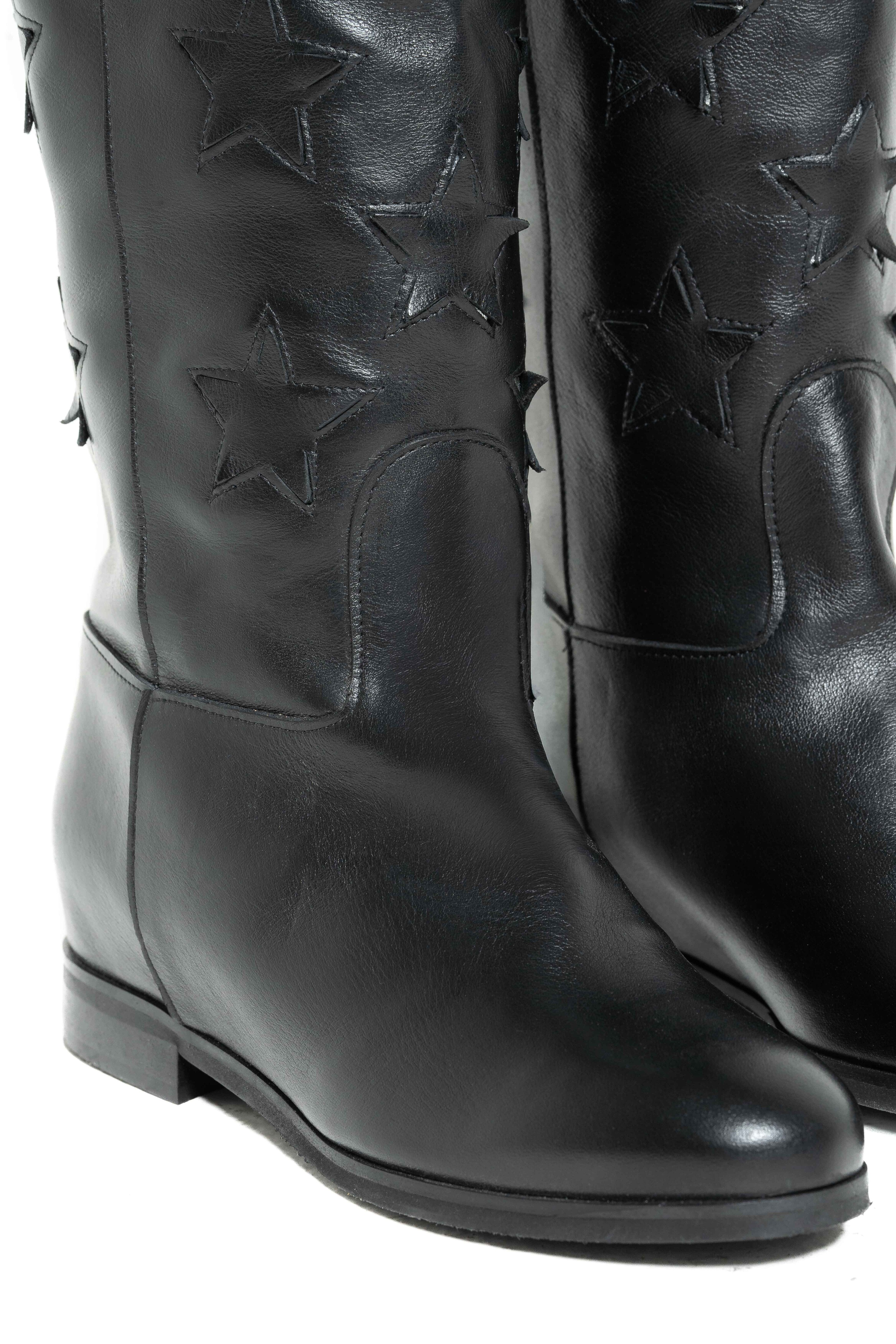 R30 STARS - Stivale tubolare in Pelle Nera con stelle e rialzo interno