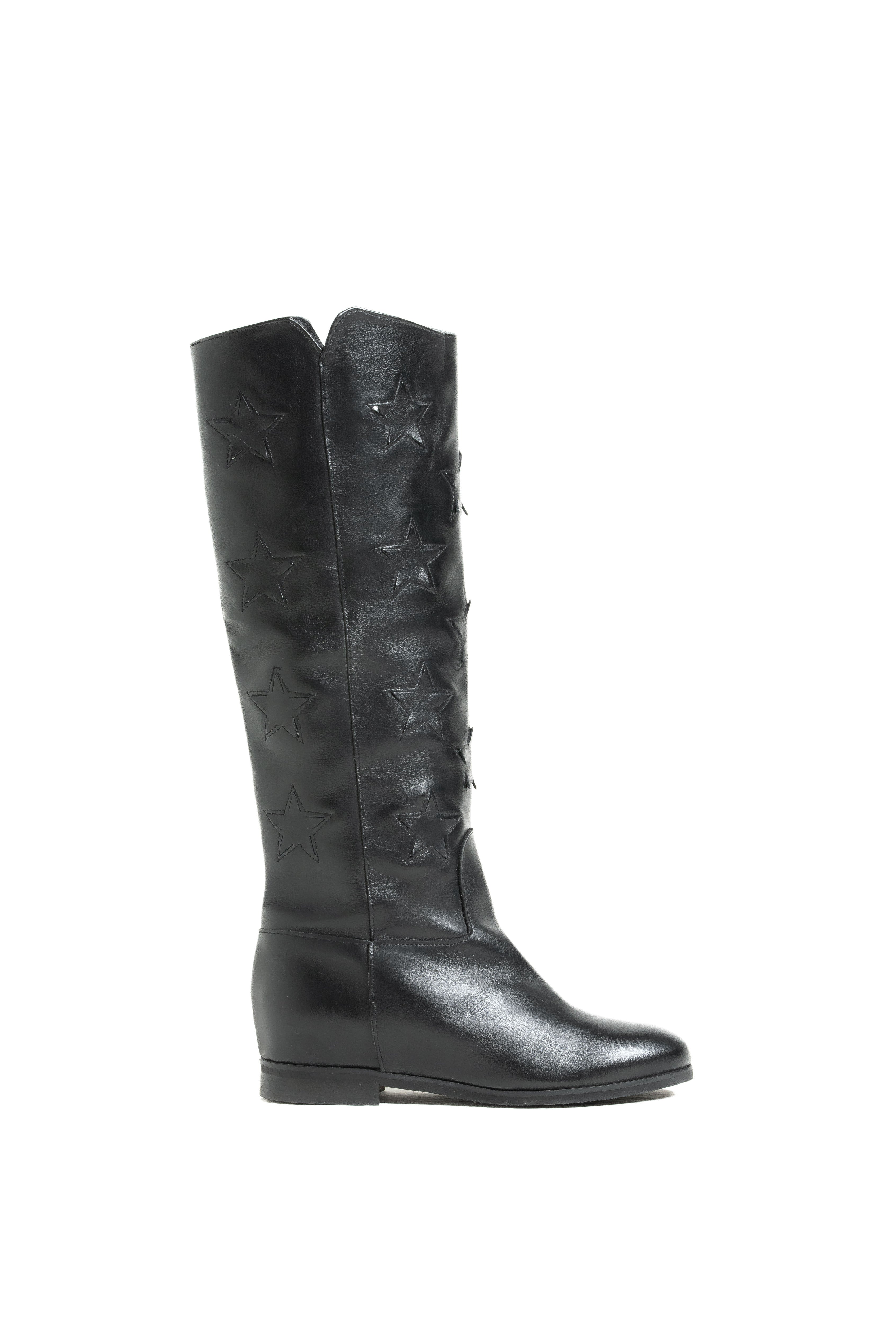 R30 STARS - Stivale tubolare in Pelle Nera con stelle e rialzo interno