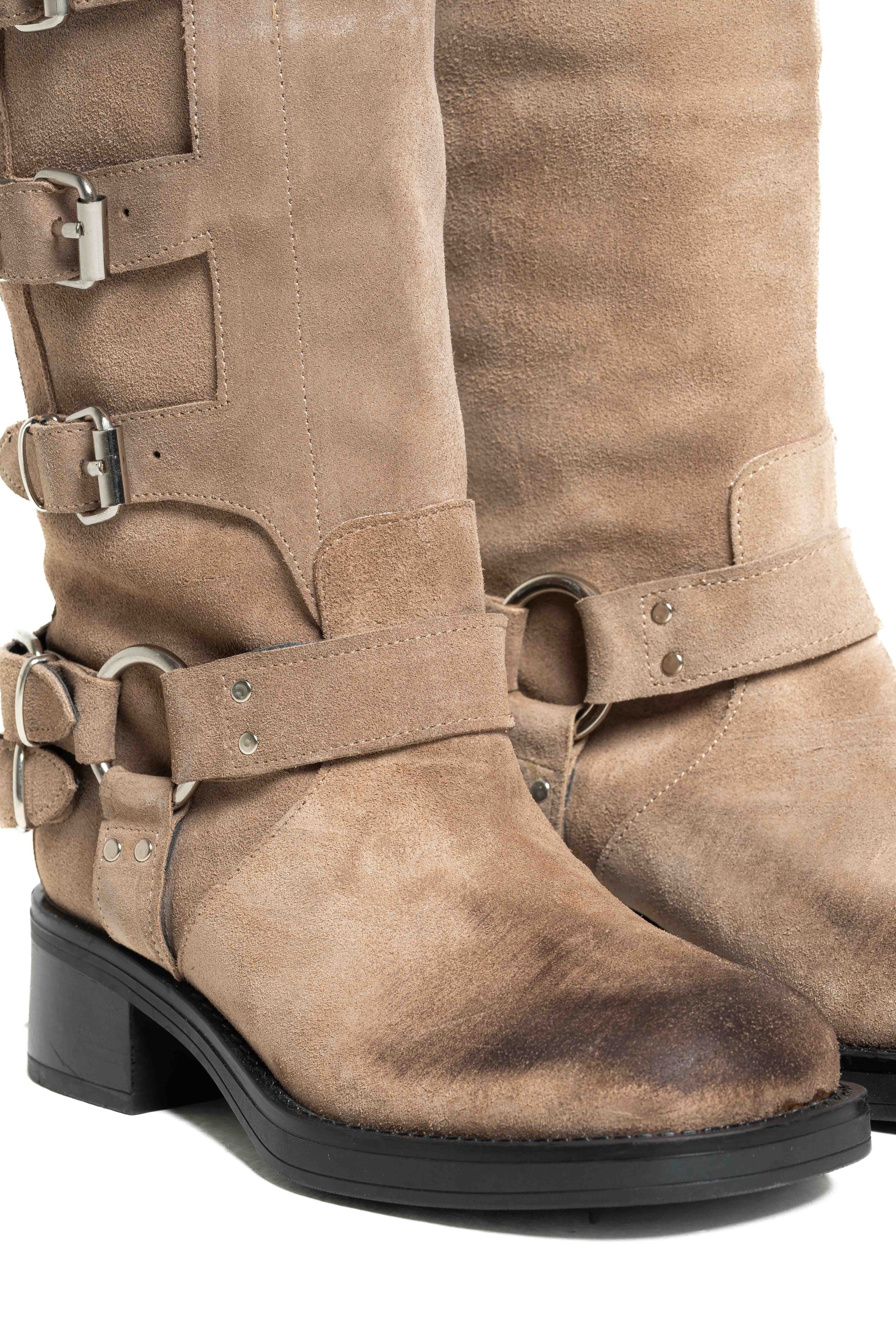 V7 - Tubular Boot Mood Biker Amphibian in Brown Suede with Rubber Sole and Buckles