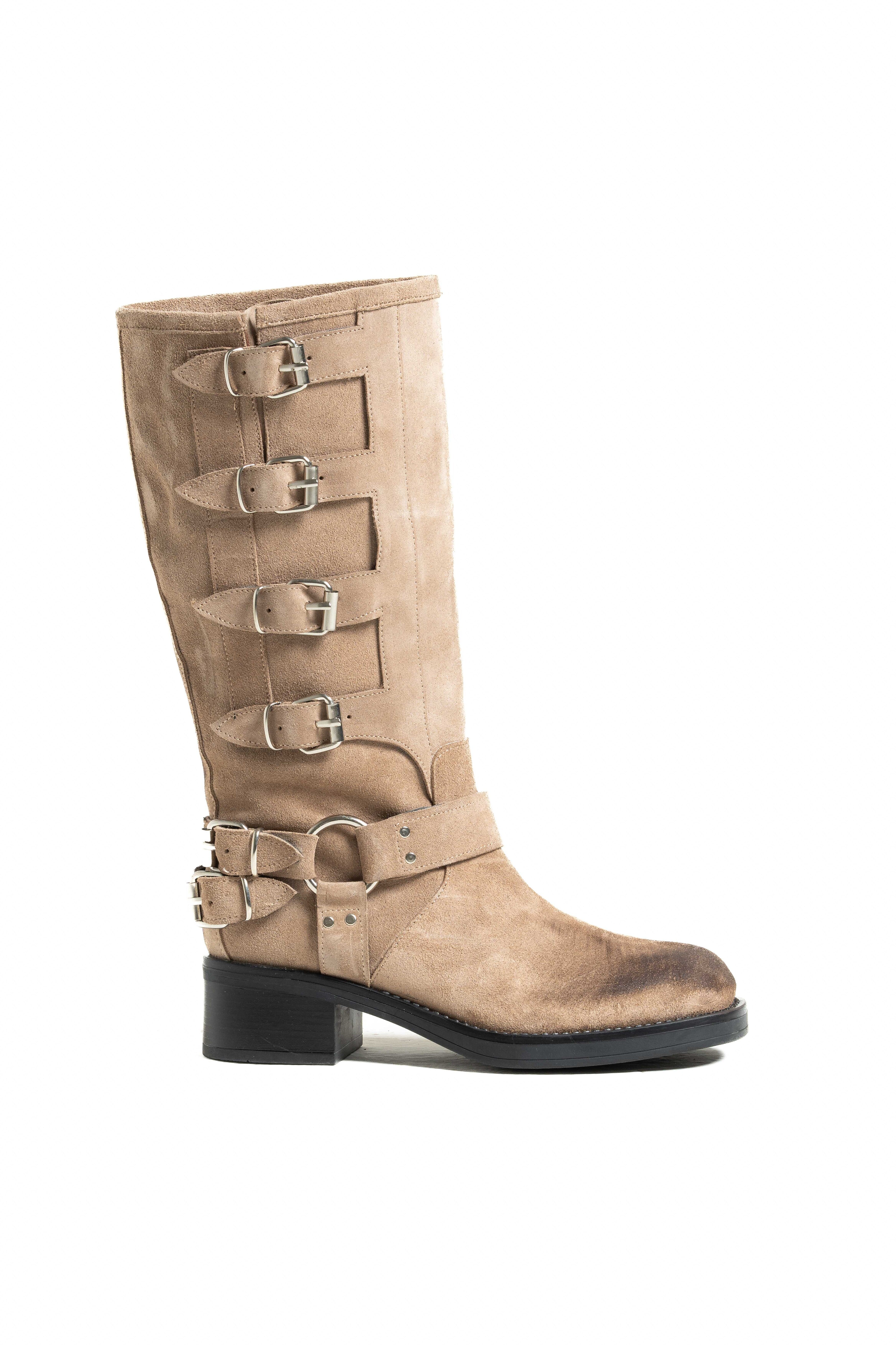 V7 - Tubular Boot Mood Biker Amphibian in Brown Suede with Rubber Sole and Buckles