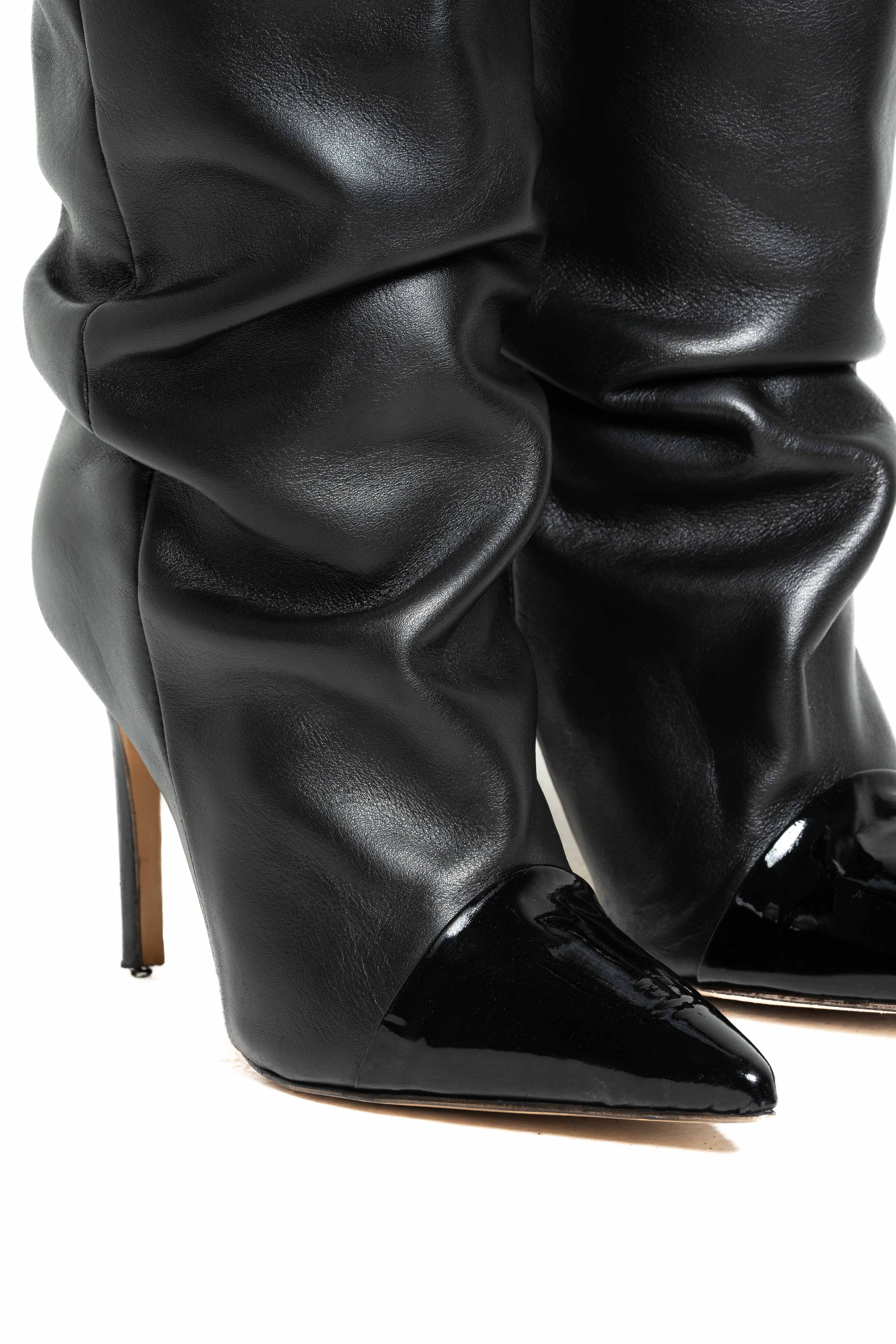 JENNIFER_TWINS_105 - Stivale alto al ginocchio in Vero Camoscio Nero e Vernice Nera - Tacco Stiletto 10,5 Cm