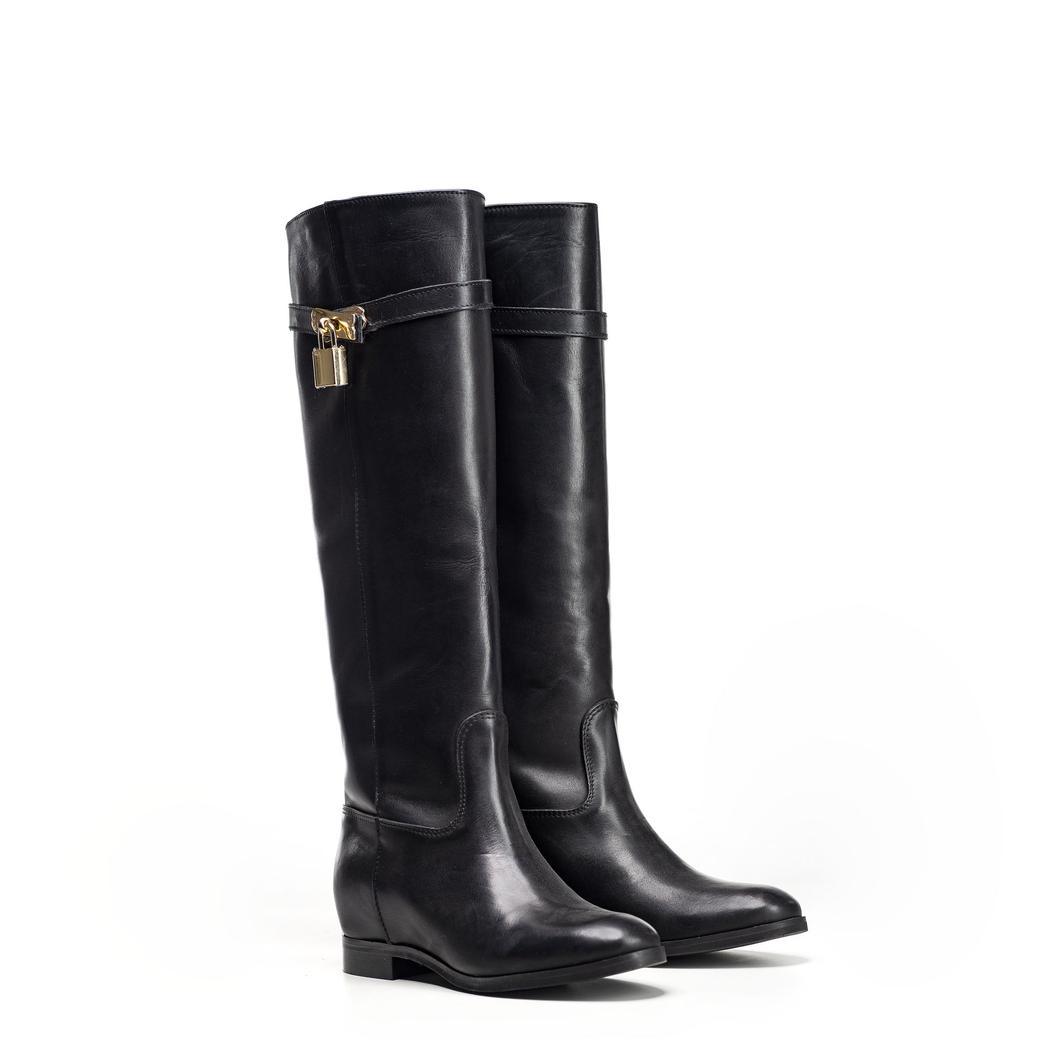 ELYZABETH - Black Genuine Leather Tubular Boot with Strap and Gold Accessory and Internal Lift