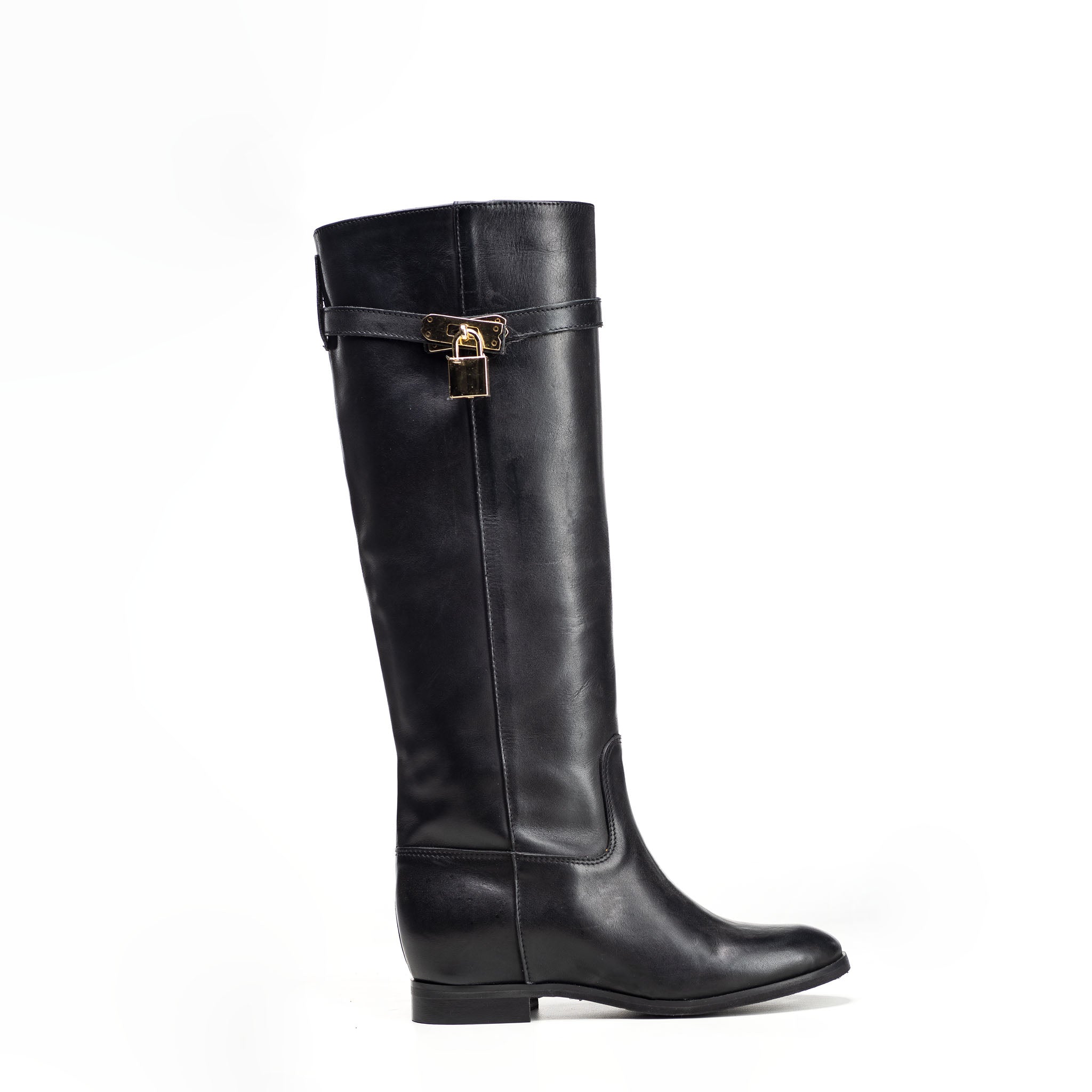 ELYZABETH - Black Genuine Leather Tubular Boot with Strap and Gold Accessory and Internal Lift