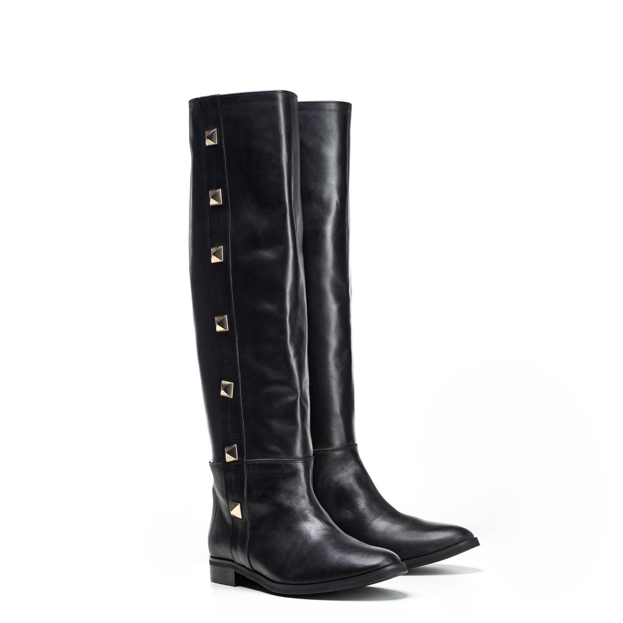 1125_GOLD_PYRAMID- Knee-high tubular boot in genuine leather with golden pyramid buttons