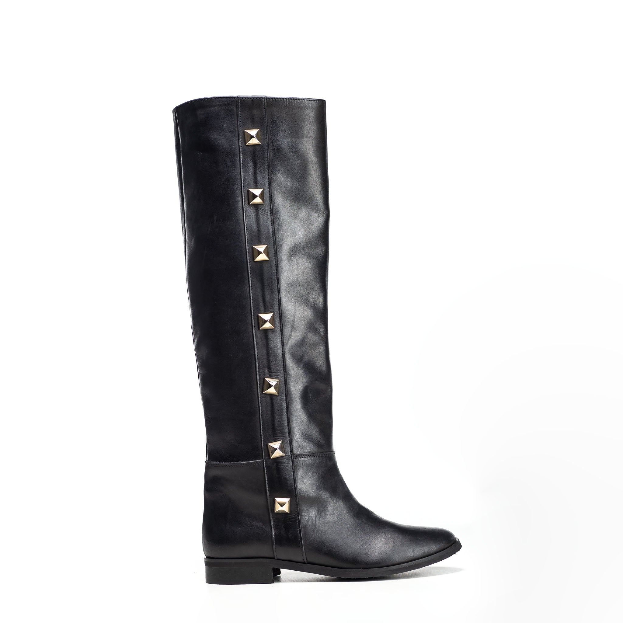 1125_GOLD_PYRAMID- Knee-high tubular boot in genuine leather with golden pyramid buttons