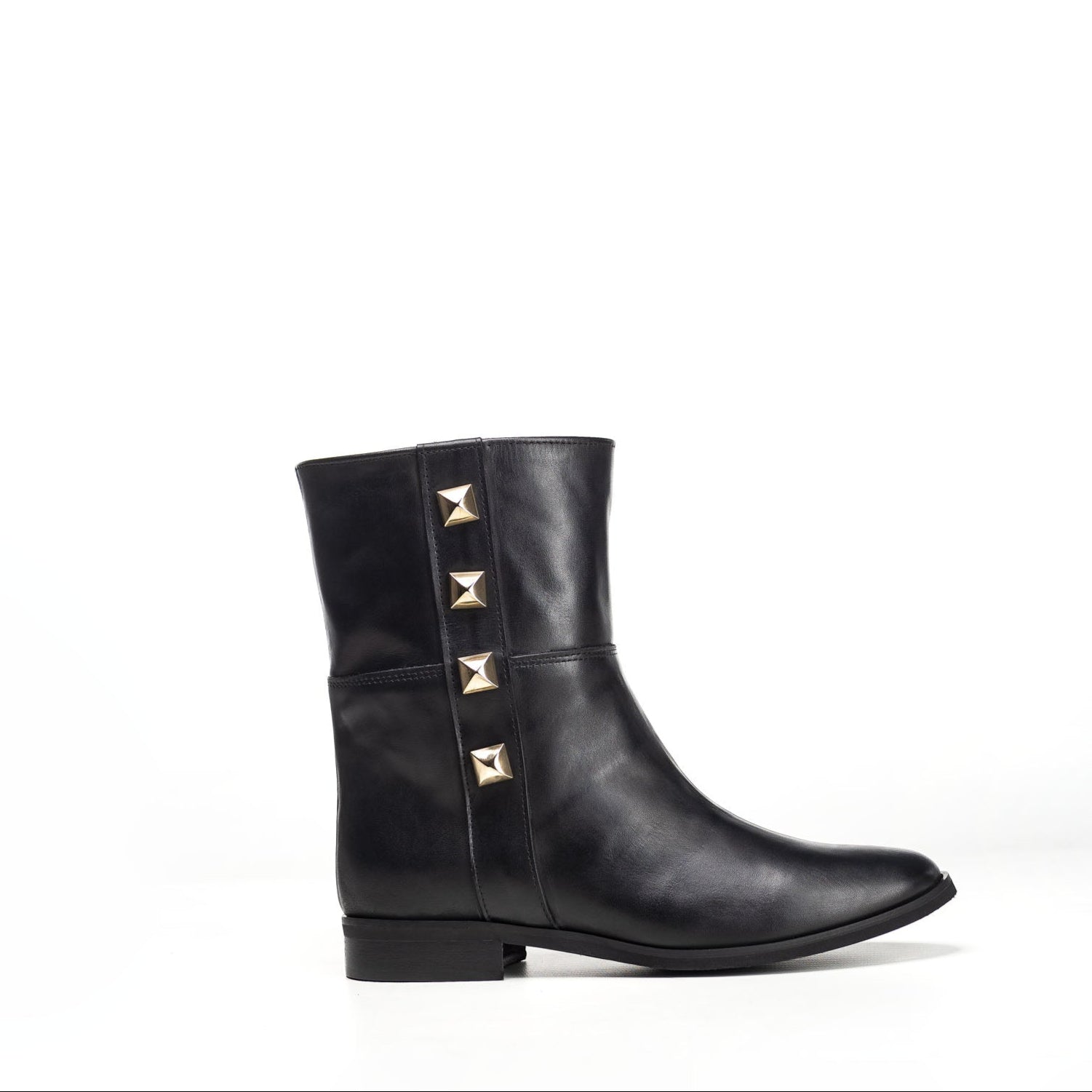1132 - Tubular ankle boot in genuine leather with golden pyramid buttons