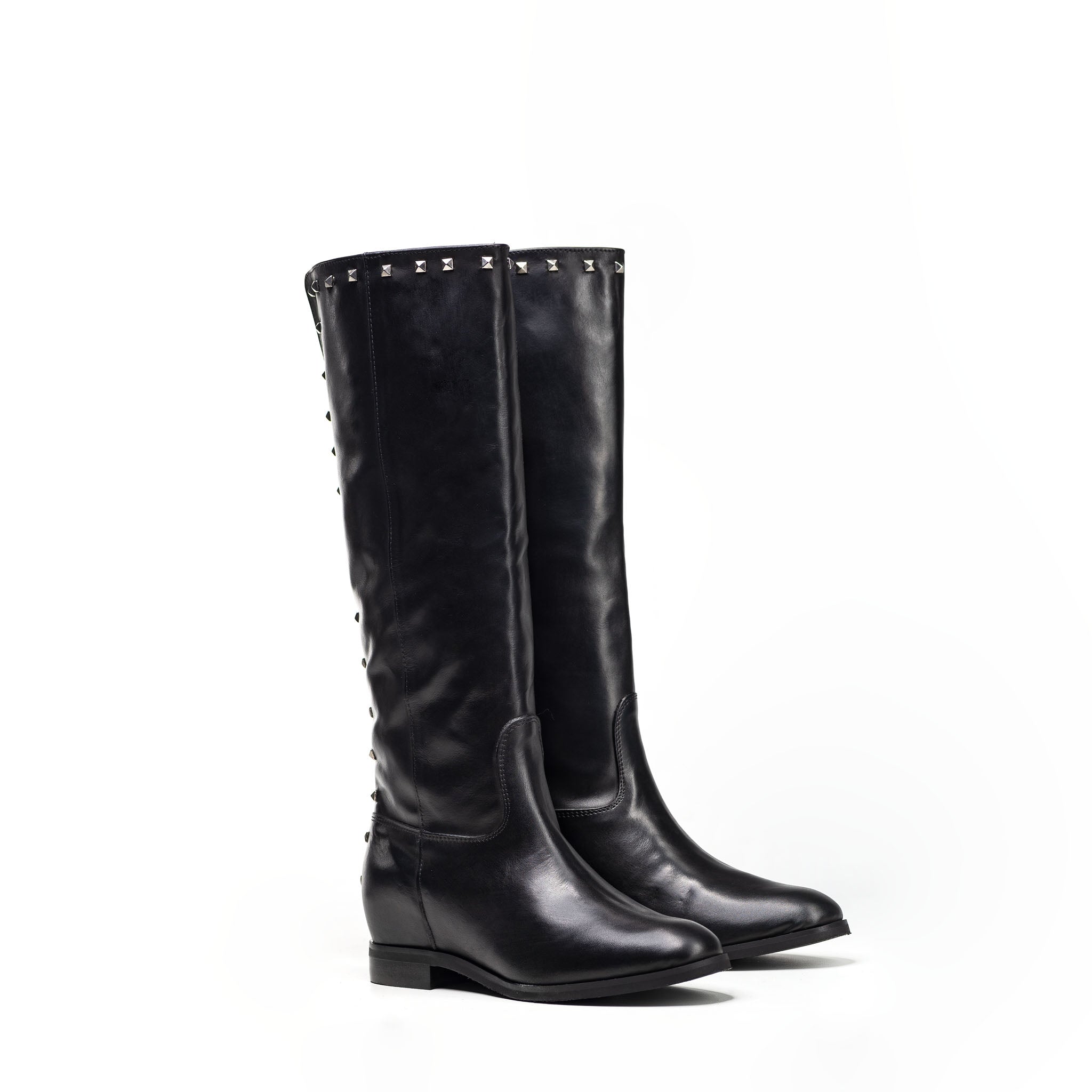 CHOO TOP - Tubular or genuine leather ankle boot with nickel pyramid studs and internal lift