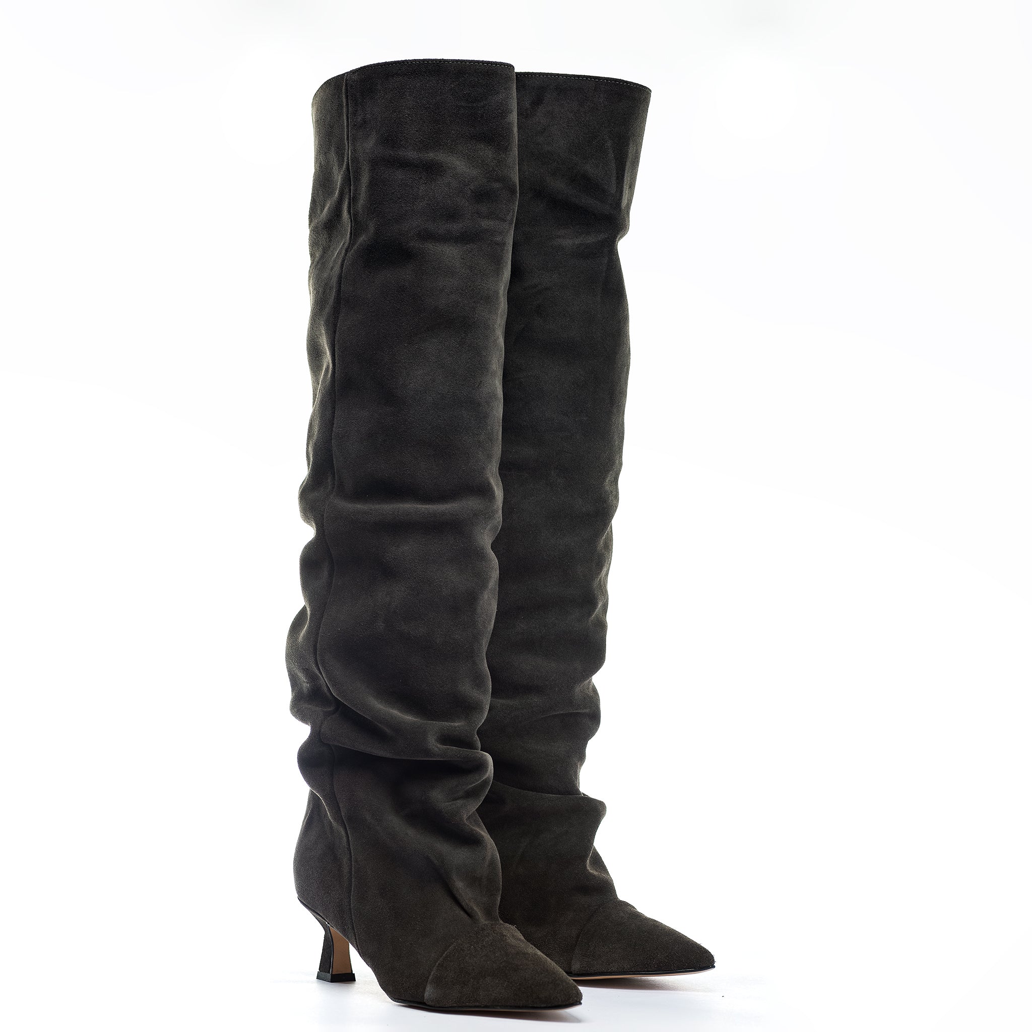 JENNIFER - Knee-high tubular boot in charcoal grey genuine suede with draped effect