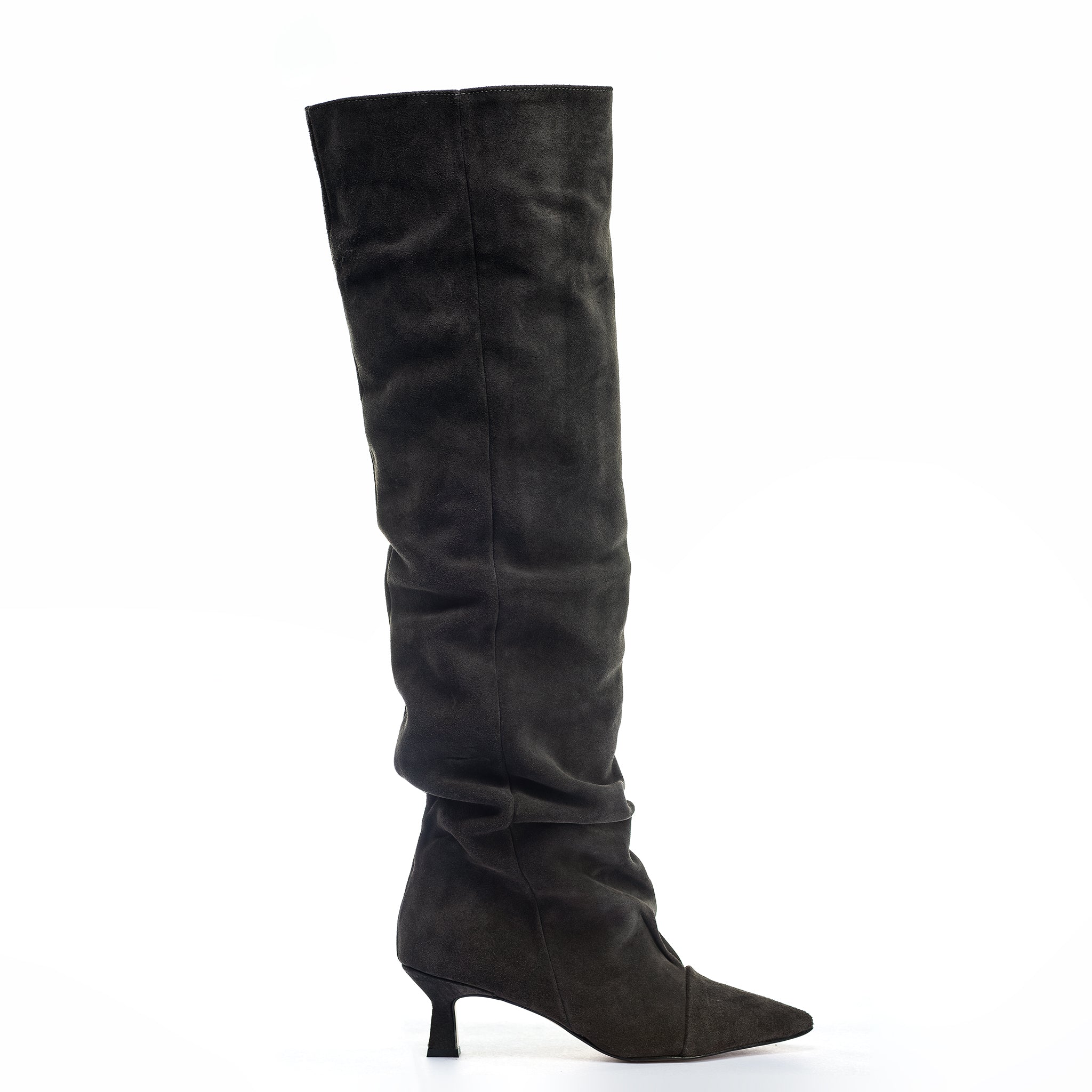 JENNIFER - Knee-high tubular boot in charcoal grey genuine suede with draped effect