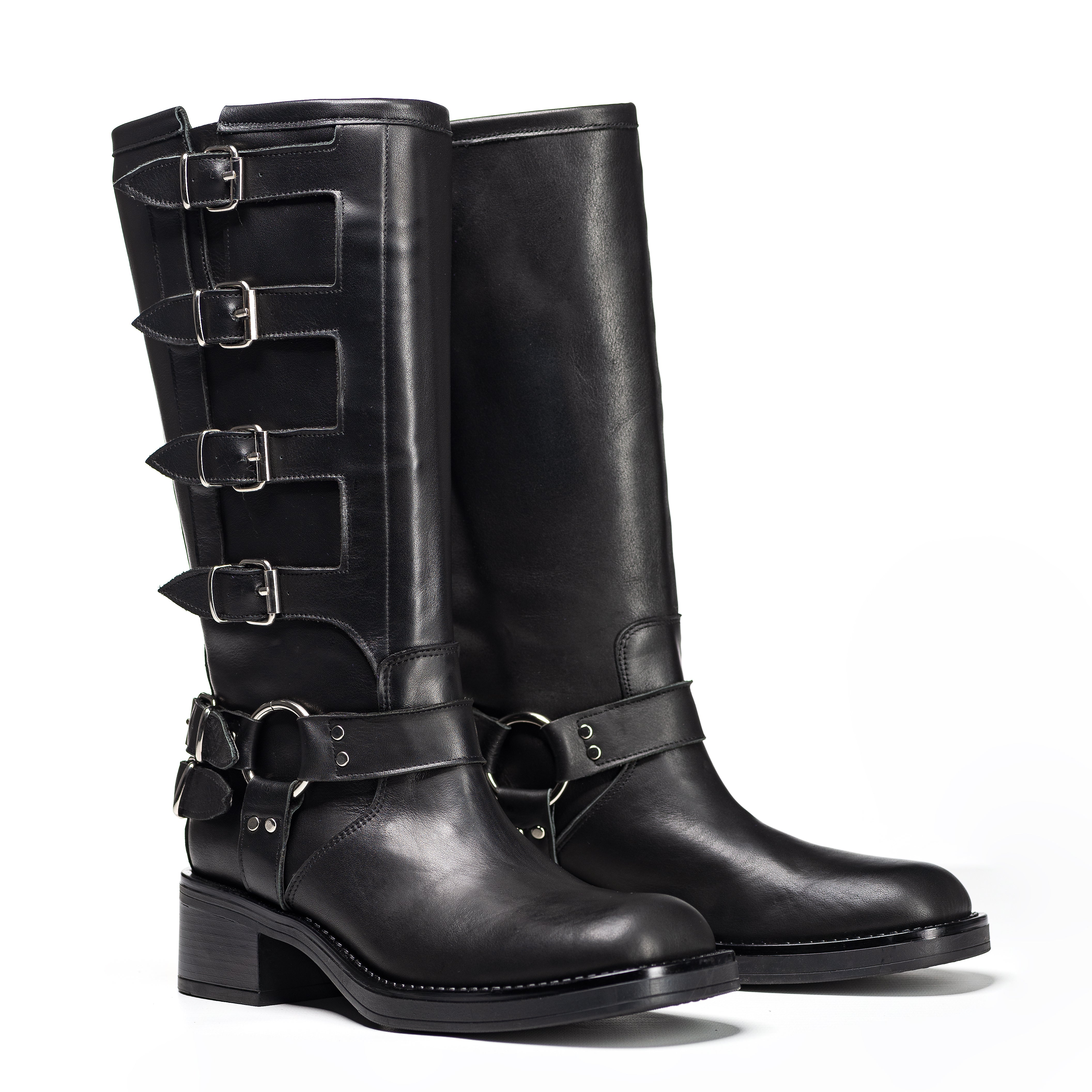 V7 - Tubular boot mood Biker Amphibian in real black leather with rubber sole and buckles