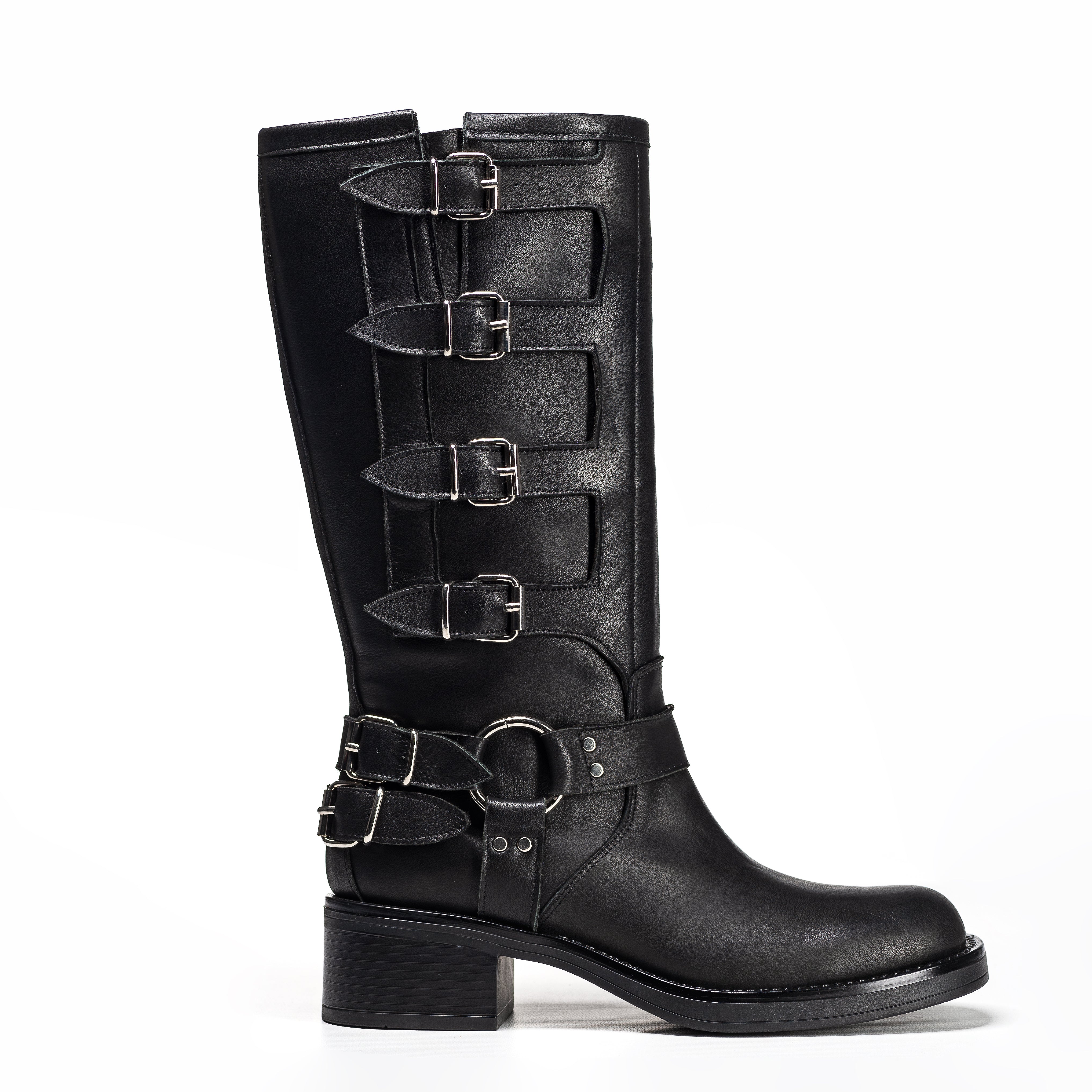 V7 - Tubular boot mood Biker Amphibian in real black leather with rubber sole and buckles