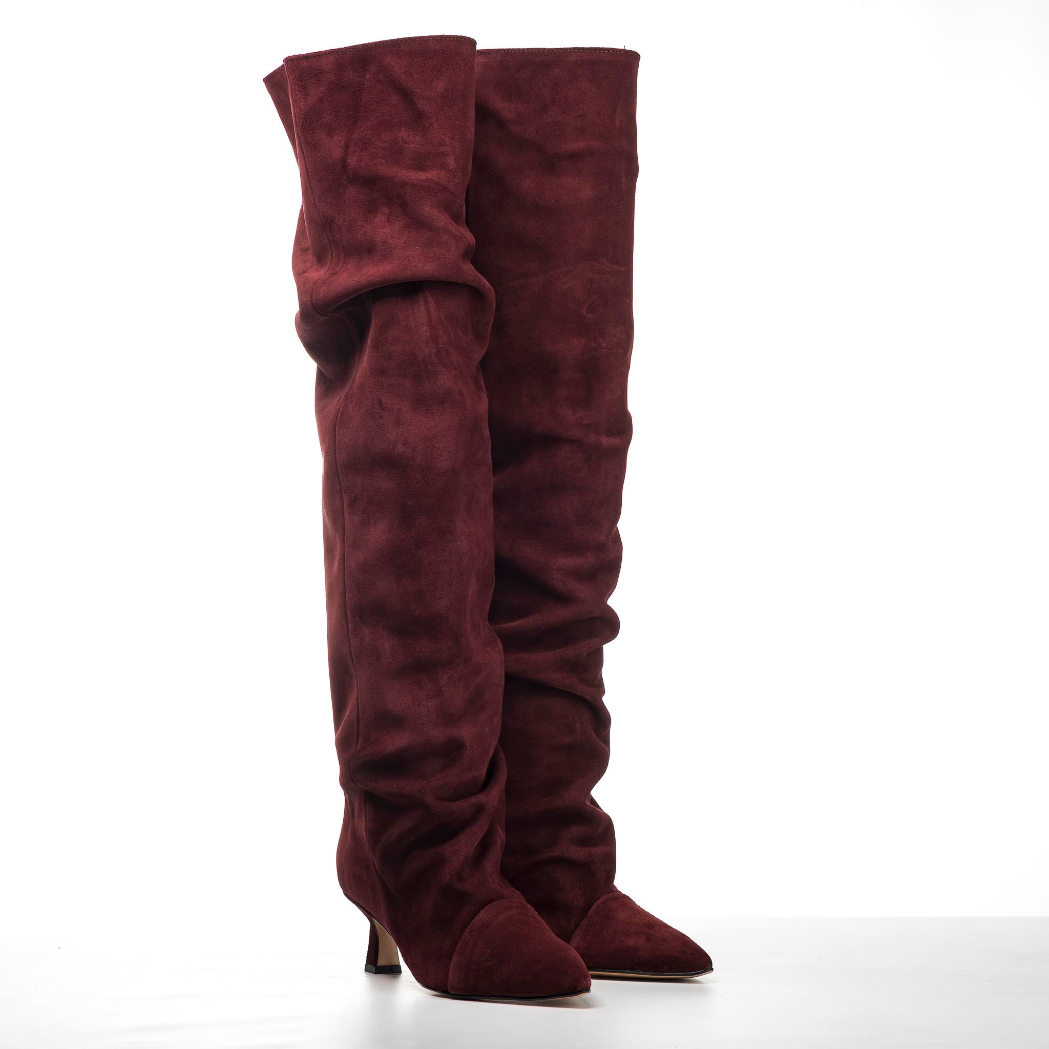 JENNIFER - High knee tubular boot in Burgundy real suede with draped effect